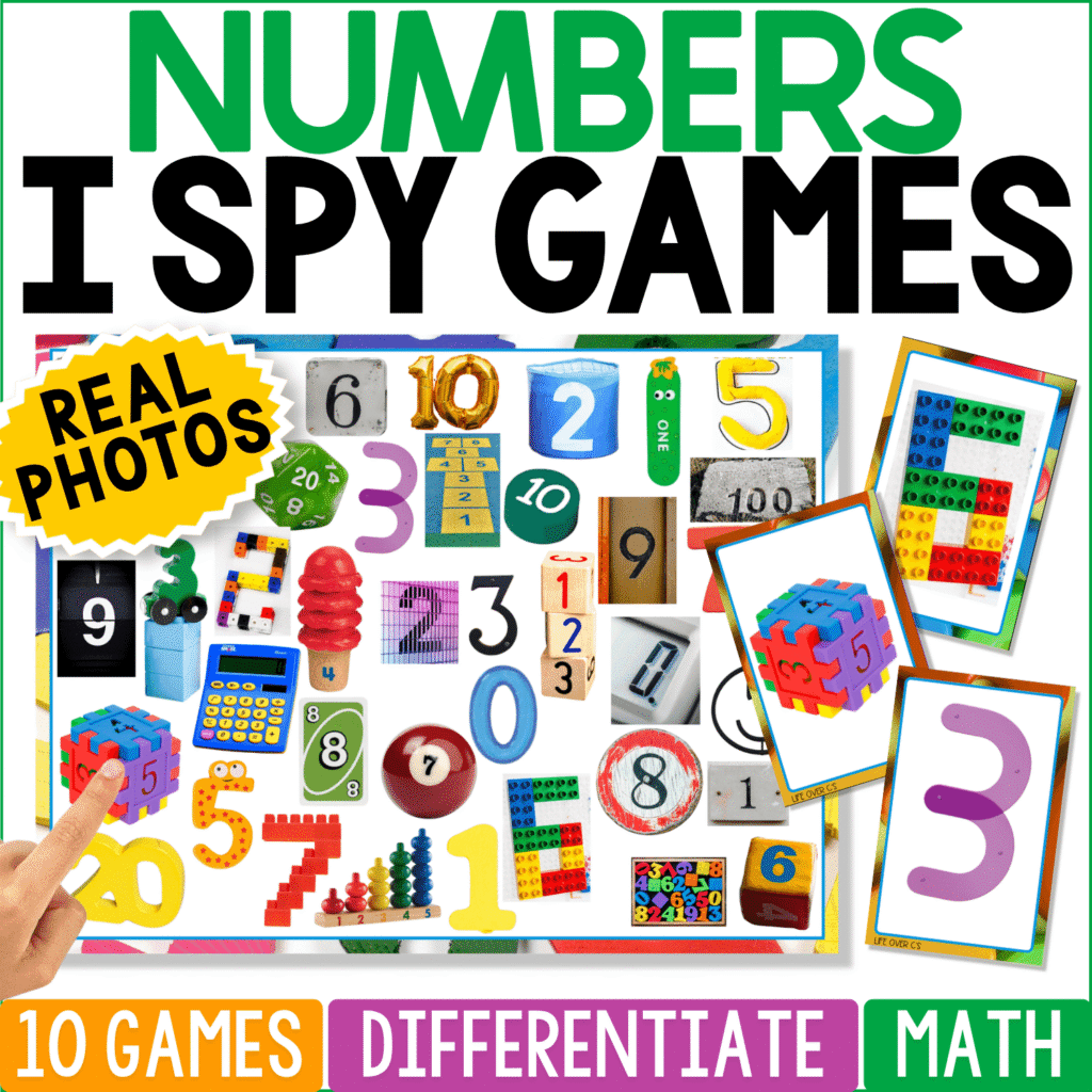 Numbers I Spy Games cover featuring a colorful real photo number search board and matching numeral cards for preschool and kindergarten number recognition, visual discrimination, and early math.