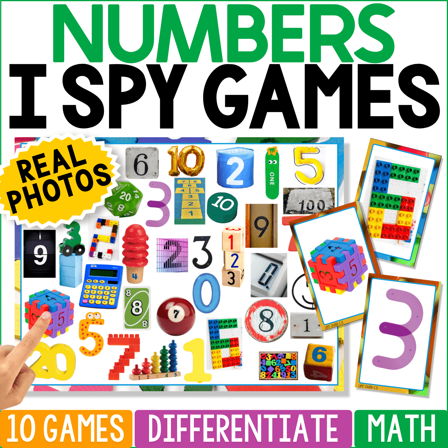 Numbers I Spy Games cover featuring a colorful real photo number search board and matching numeral cards for preschool and kindergarten number recognition, visual discrimination, and early math.