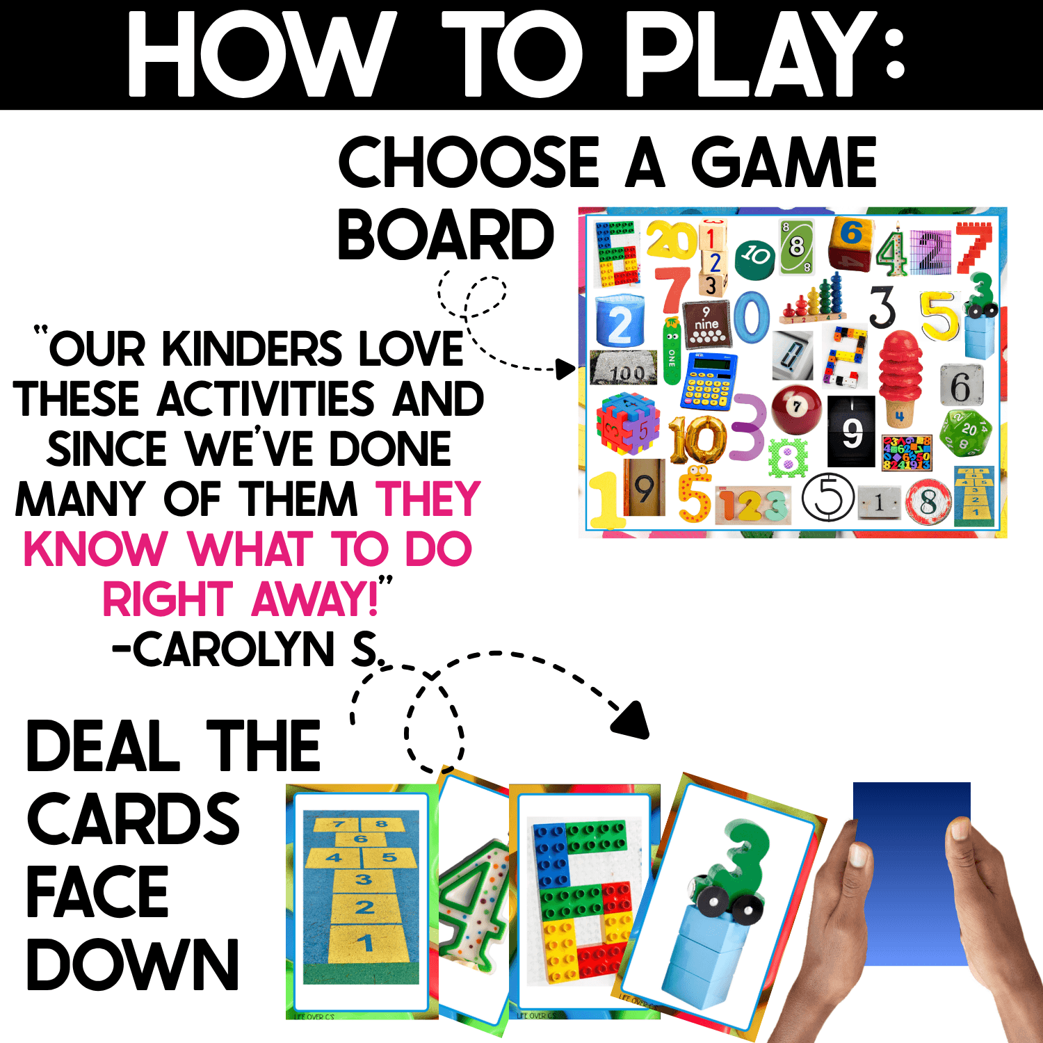 Numbers I Spy game directions showing players choosing a colorful real photo number game board and dealing numeral picture cards face down before beginning the matching activity.