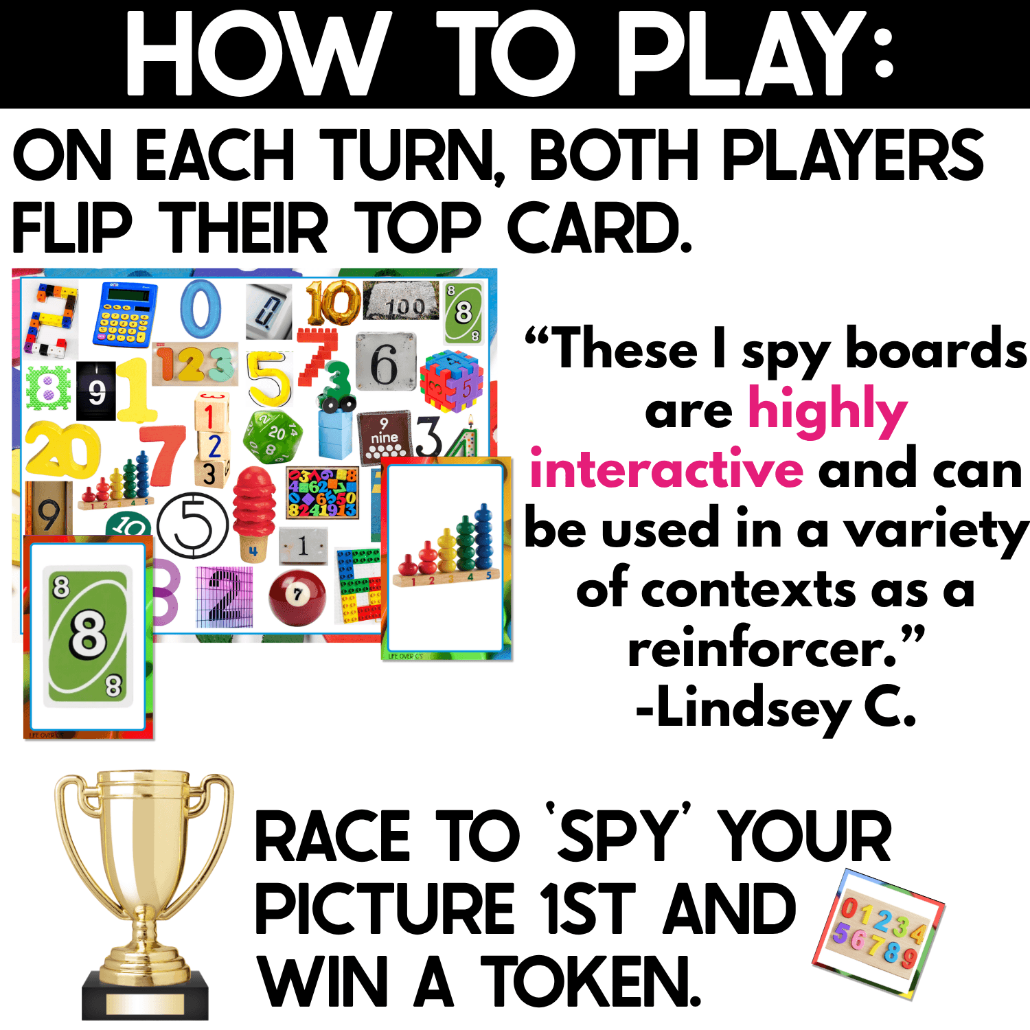 Numbers I Spy game directions showing both players flipping their top number card, searching the real photo numeral board, and racing to find the matching number first to win a token.