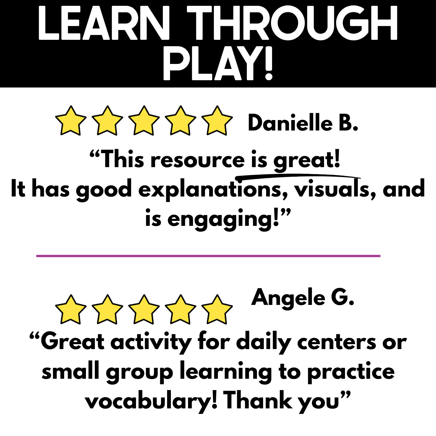 Learn Through Play review graphic for Numbers I Spy Games with five-star teacher feedback highlighting engaging visuals, clear directions, vocabulary, centers, and small group learning.