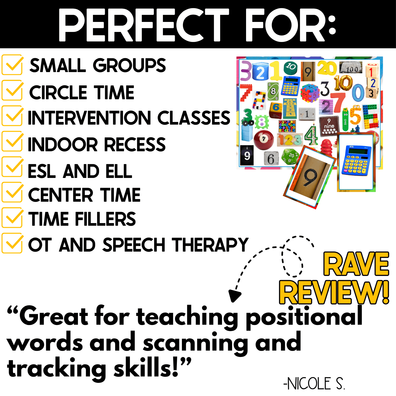 Perfect For graphic for Numbers I Spy Games listing small groups, circle time, intervention, indoor recess, ESL and ELL, centers, time fillers, OT, and speech therapy.