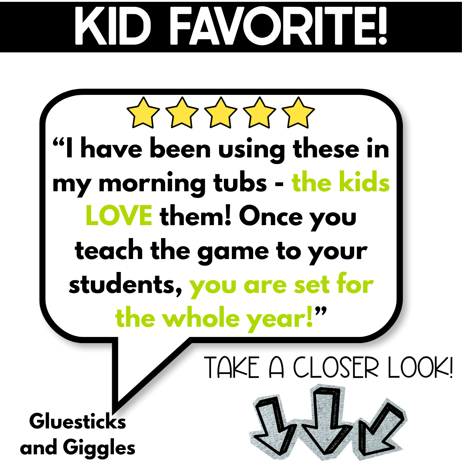 Kid Favorite review graphic for Numbers I Spy Games featuring five-star teacher feedback about using the interactive number matching activity in morning tubs throughout the school year.