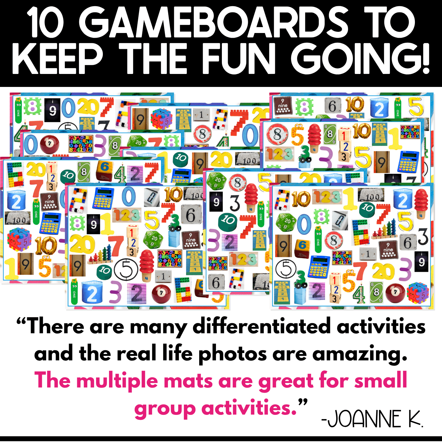 Numbers I Spy activity graphic displaying 10 colorful real photo numeral game boards for differentiated preschool and kindergarten number recognition, matching, and small group math activities.