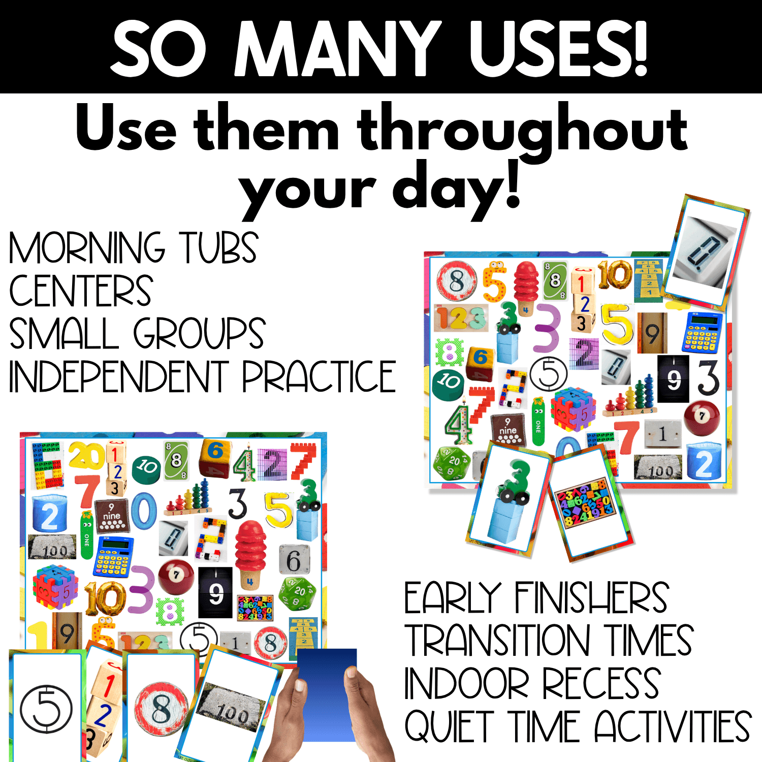 So Many Uses graphic for Numbers I Spy Games showing number boards and cards for morning tubs, centers, small groups, independent practice, early finishers, transitions, indoor recess, and quiet time.
