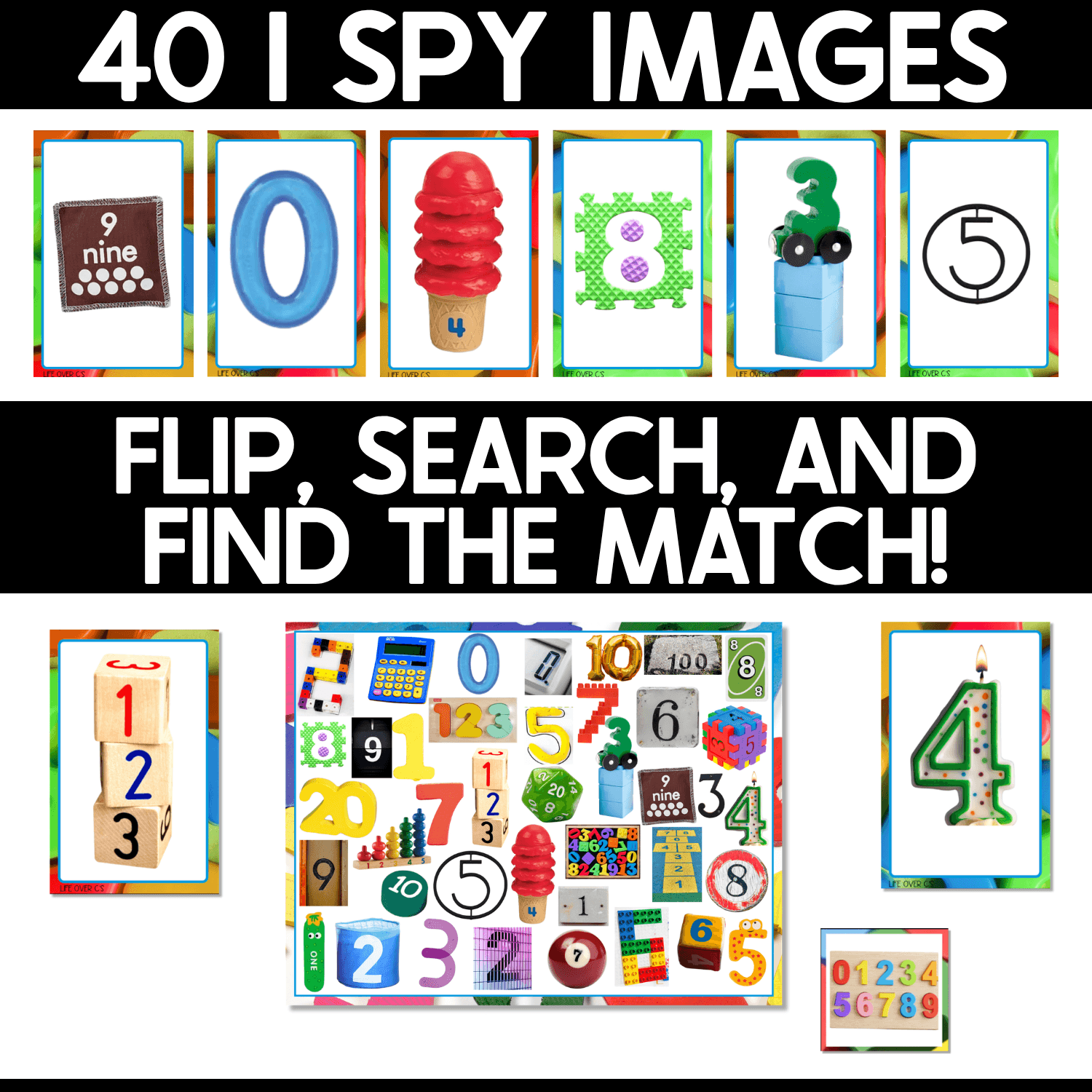 Numbers I Spy game graphic displaying examples from 40 real photo number cards with the directions flip, search, and find the match on a colorful numeral game board.