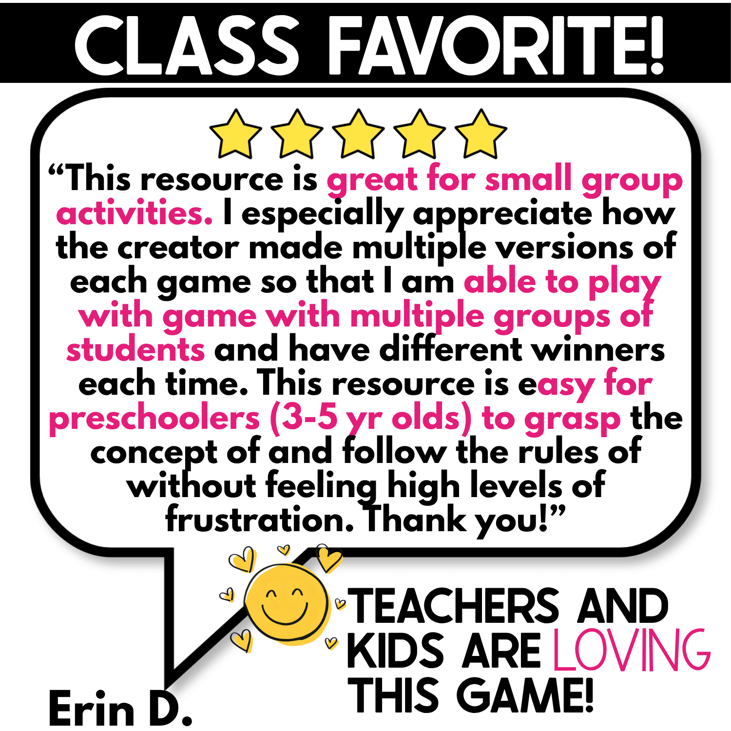 Class Favorite review graphic for Numbers I Spy Games with five-star teacher feedback describing differentiated small group play, multiple winners, and simple game rules for preschool children.