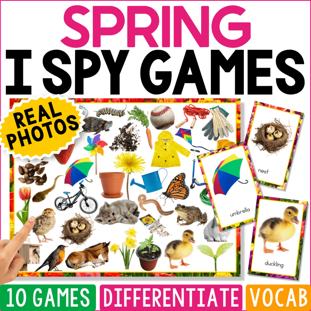 Spring I Spy Games cover featuring real photos of flowers, umbrellas, birds, baby animals, outdoor toys, and spring objects for seasonal vocabulary, matching, and visual discrimination.