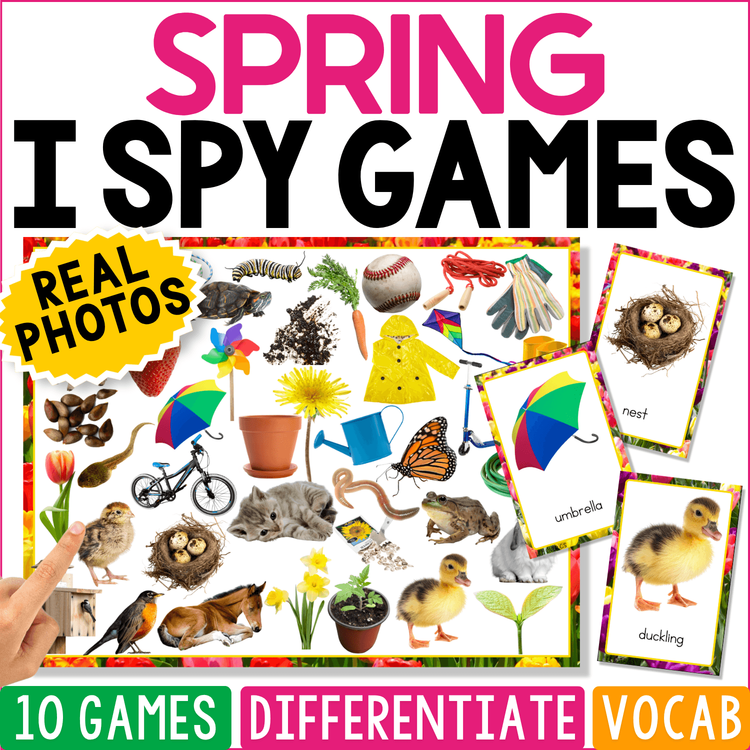 Spring I Spy Games cover featuring real photos of flowers, umbrellas, birds, baby animals, outdoor toys, and spring objects for seasonal vocabulary, matching, and visual discrimination.