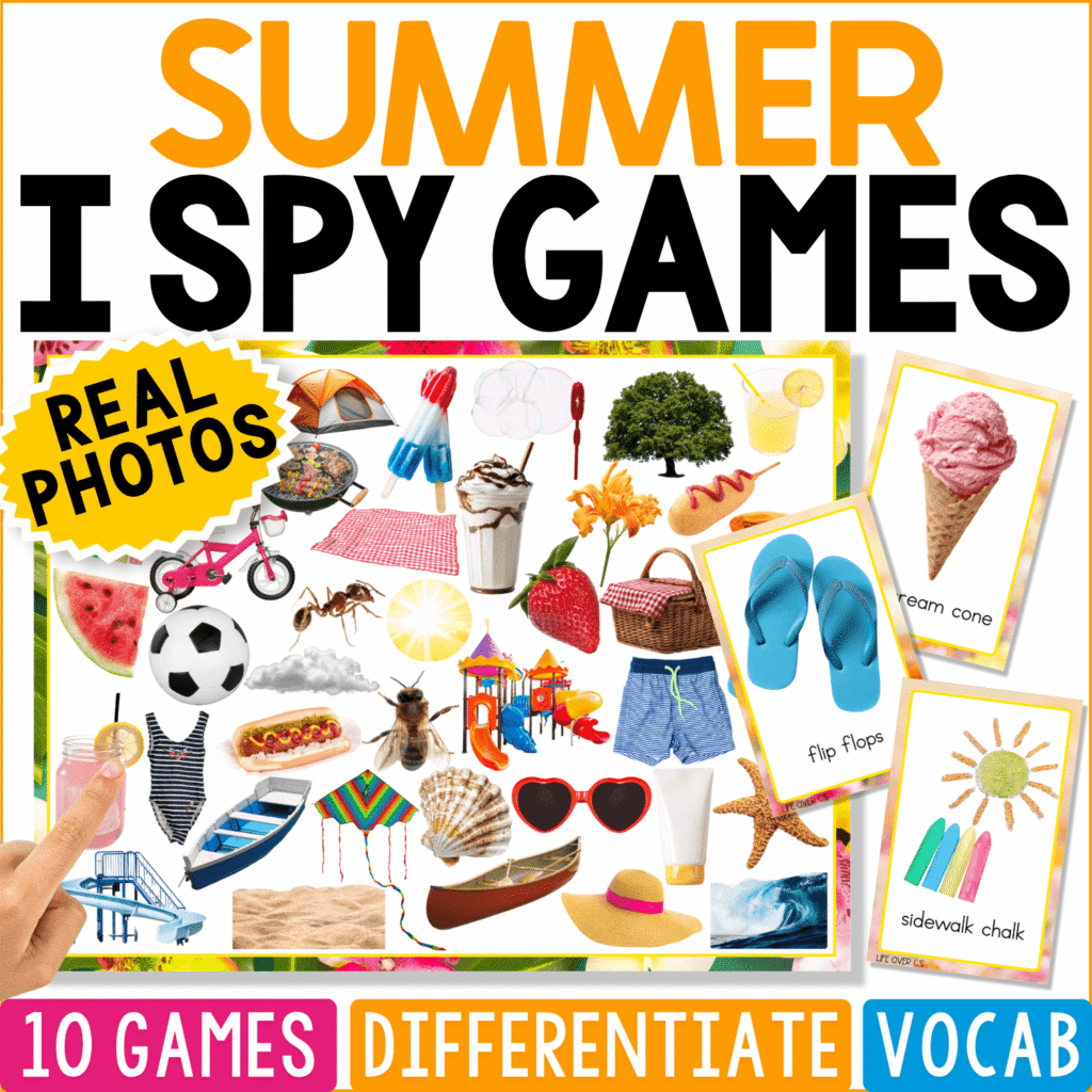 Summer I Spy Games cover featuring real photos of sunglasses, flip-flops, ice cream, watermelon, sunshine, sports, and warm-weather objects for vocabulary and visual discrimination.