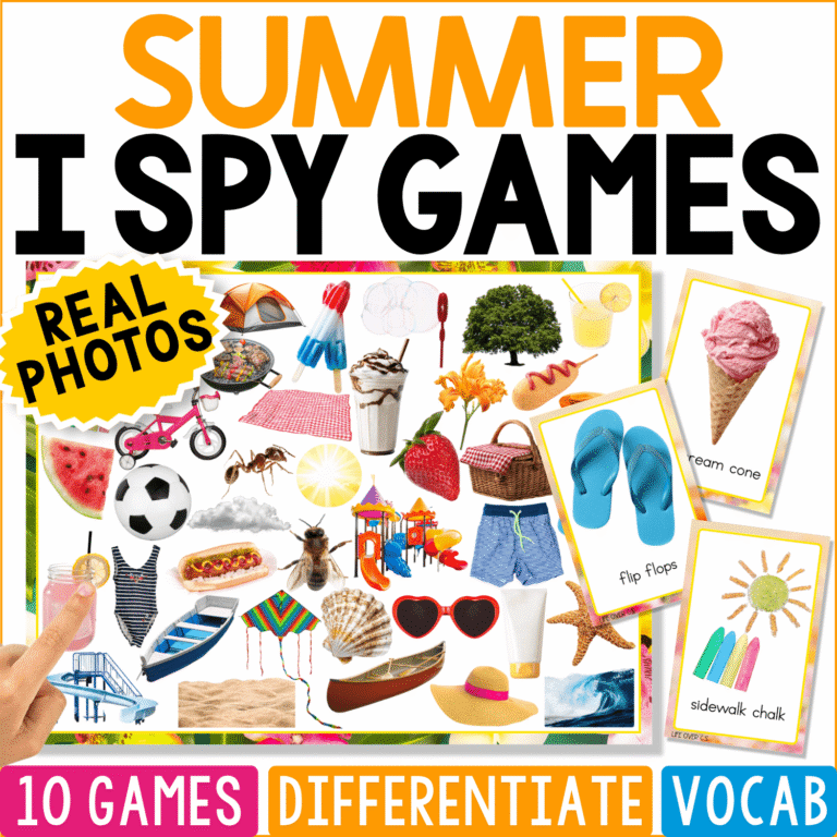 Summer I Spy Games cover featuring real photos of sunglasses, flip-flops, ice cream, watermelon, sunshine, sports, and warm-weather objects for vocabulary and visual discrimination.
