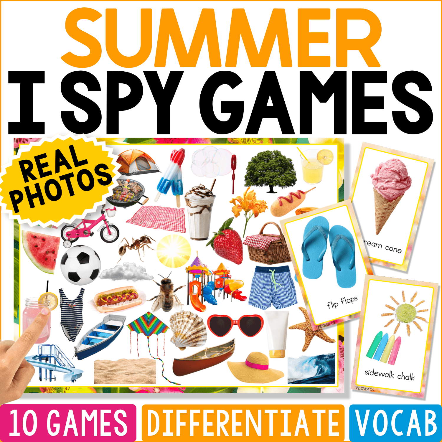 Summer I Spy Games cover featuring real photos of sunglasses, flip-flops, ice cream, watermelon, sunshine, sports, and warm-weather objects for vocabulary and visual discrimination.