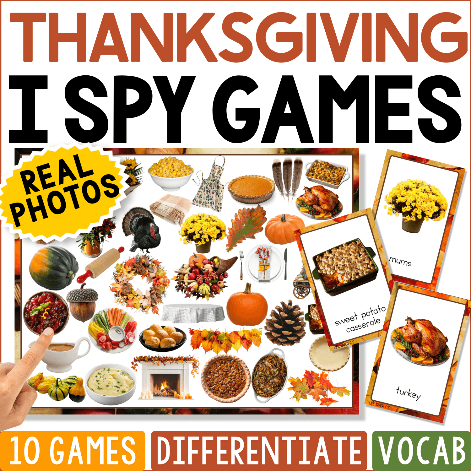 Thanksgiving I Spy Games cover featuring real photos of turkeys, pumpkins, corn, pies, fall flowers, and Thanksgiving foods and decorations for seasonal vocabulary and visual discrimination.