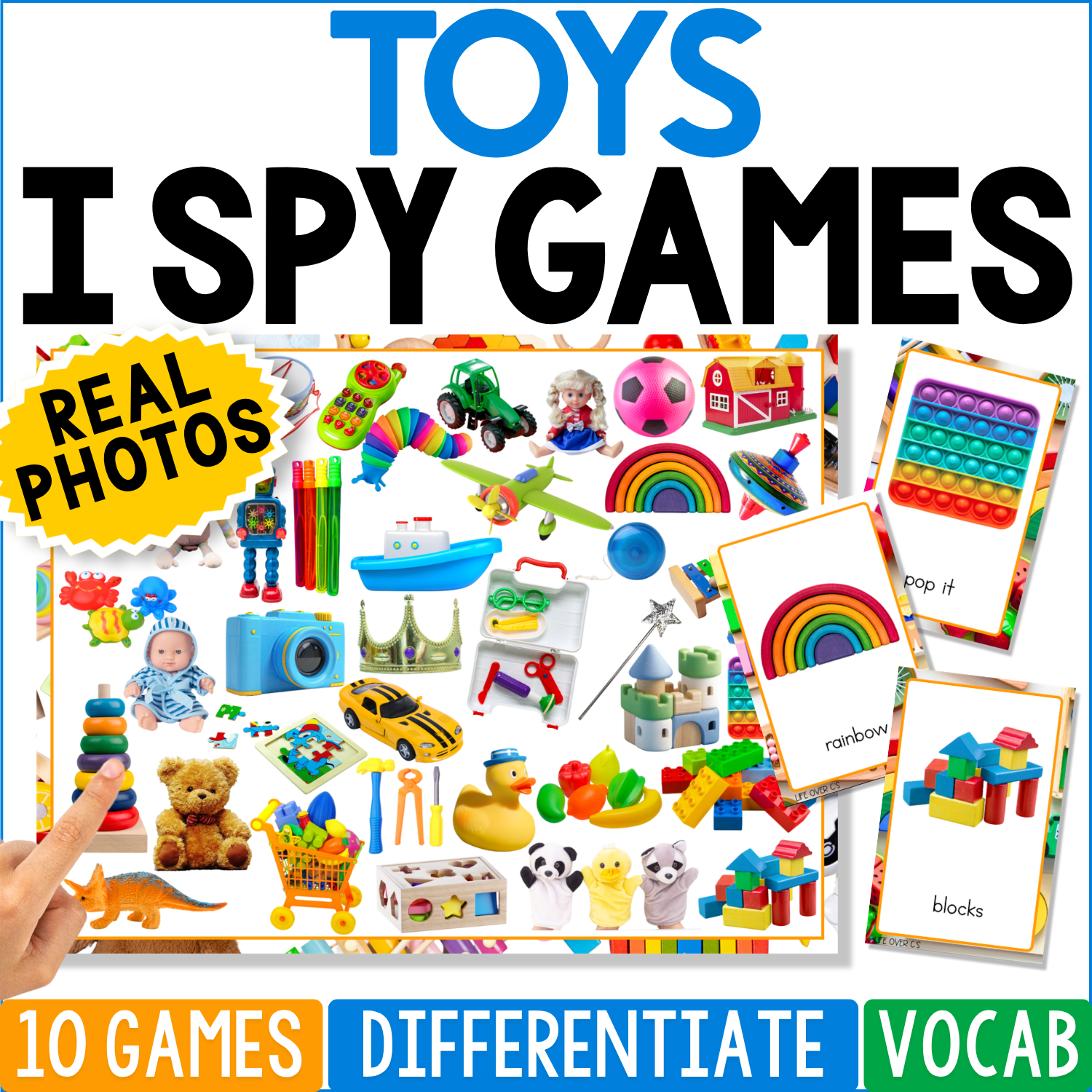 Toys I Spy Games printable featuring a colorful search board filled with real photos of familiar toys, including dolls, a teddy bear, toy cars, blocks, a rainbow, rubber duck, camera, tractor, puppets, stacking rings, toy boat, pop-it, and pretend-play toys. Matching picture cards support toy vocabulary, visual discrimination, and preschool or kindergarten I Spy play.