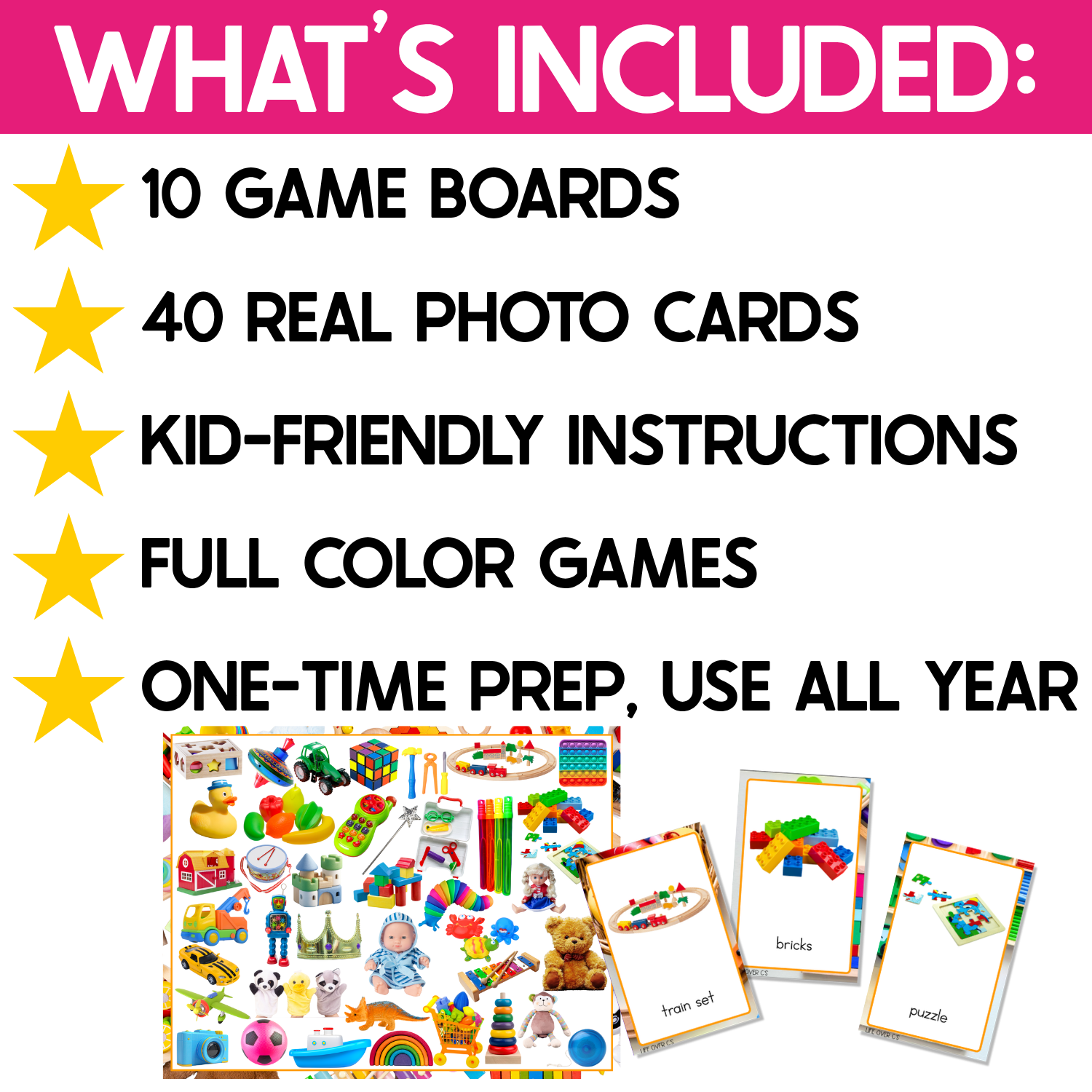 Toys I Spy board game resource includes 10 game boards, 40 real photo toy cards, kid-friendly instructions, full-color games, and one-time prep for year-round use. Sample matching cards show a train set, building bricks, and puzzle beside a toy-filled I Spy game board.