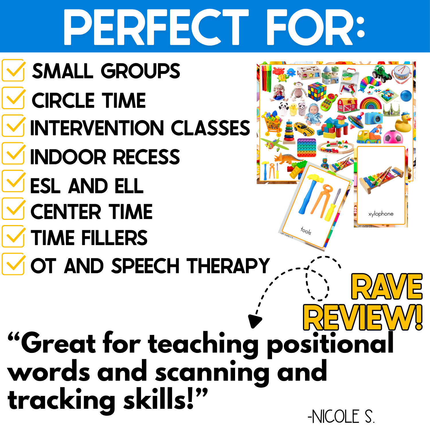 Real photo Toys I Spy game shown for small groups, circle time, intervention classes, indoor recess, ESL and ELL, centers, time fillers, OT, and speech therapy. Toy picture cards featuring tools and a xylophone pair with a crowded search board to build vocabulary, positional language, visual scanning, and tracking skills.