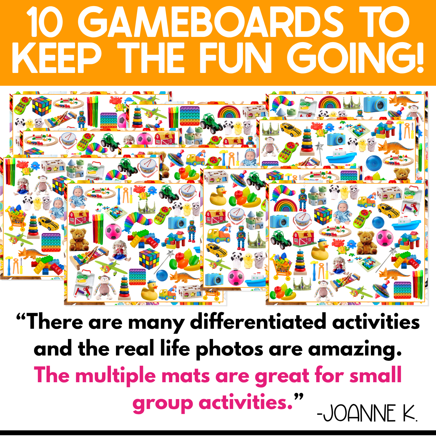 Ten different Toys I Spy game boards display varied arrangements of real toy photos, including dolls, cars, blocks, tractors, teddy bears, puppets, balls, puzzles, musical toys, bath toys, and pretend-play items. Multiple boards support differentiated visual discrimination, vocabulary, and small group games.