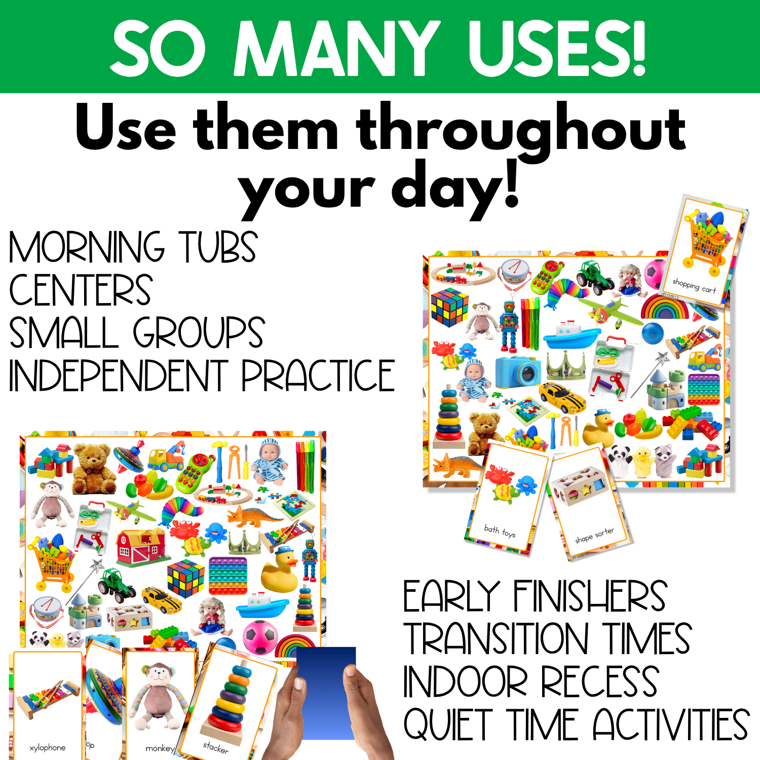 Toys I Spy printable shown for morning tubs, centers, small groups, independent practice, early finishers, transition times, indoor recess, and quiet time. Real photo toy boards and cards feature a xylophone, spinning top, stuffed monkey, stacking rings, bath toys, shape sorter, and toy shopping cart.