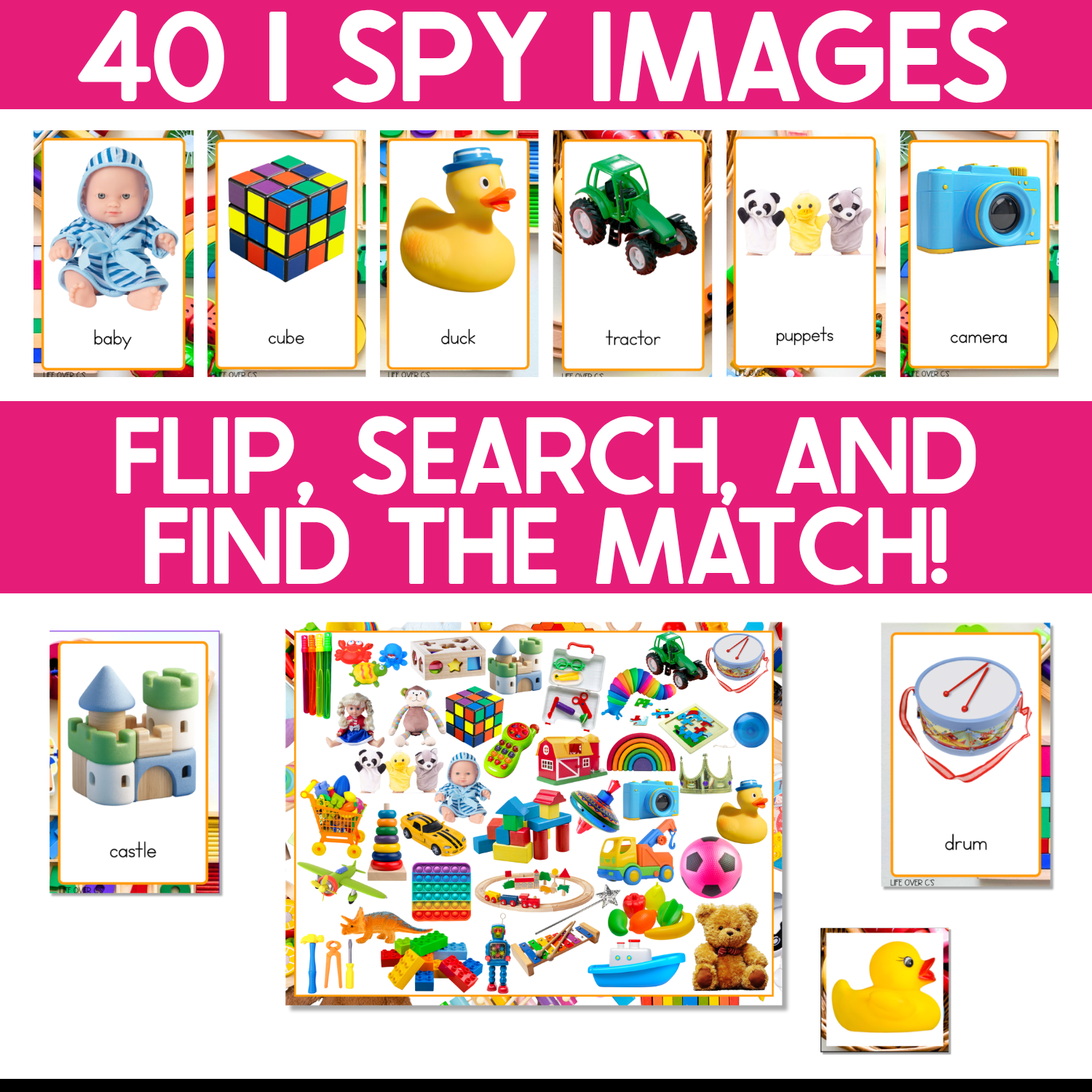 Forty real-photo Toys I Spy picture cards include a baby doll, colorful puzzle cube, rubber duck, toy tractor, animal puppets, camera, castle, and drum. Children flip a toy card, scan the crowded I Spy board, and find the matching real-life toy photo to practice naming, matching, and visual discrimination.