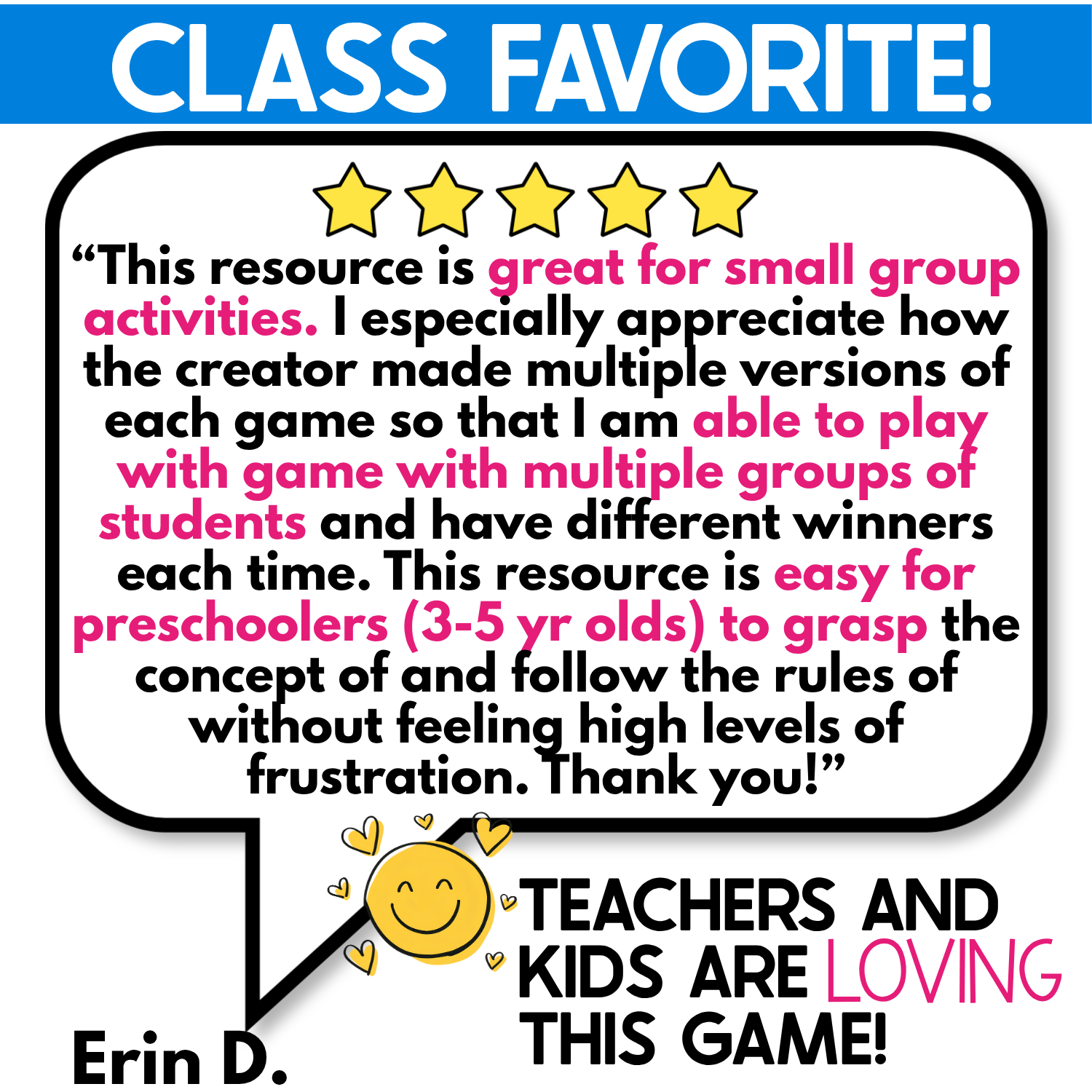 Five-star teacher review highlights the Toys I Spy game as a preschool-friendly small group activity with multiple game board versions, simple rules, and enough variety to play with different groups of children while supporting successful turn-taking and game play.