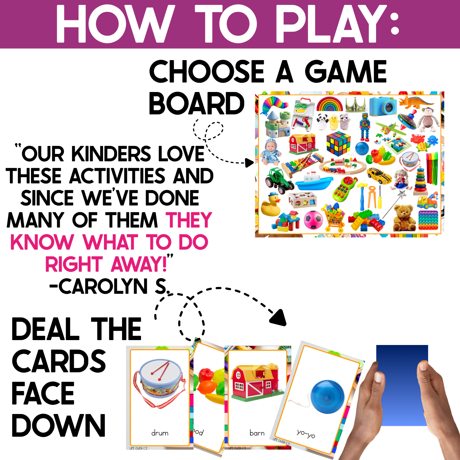 Toys I Spy game instructions show children choosing a real-photo toy game board and dealing the picture cards face down. Sample cards feature a drum, toy food, barn, and yo-yo, demonstrating the simple setup for preschool and kindergarten matching and vocabulary play.