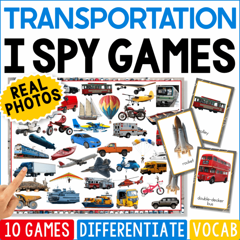 Transportation I Spy Games cover featuring real photos of cars, buses, trains, airplanes, trucks, and other vehicles for preschool vocabulary, vehicle recognition, matching, and visual discrimination.