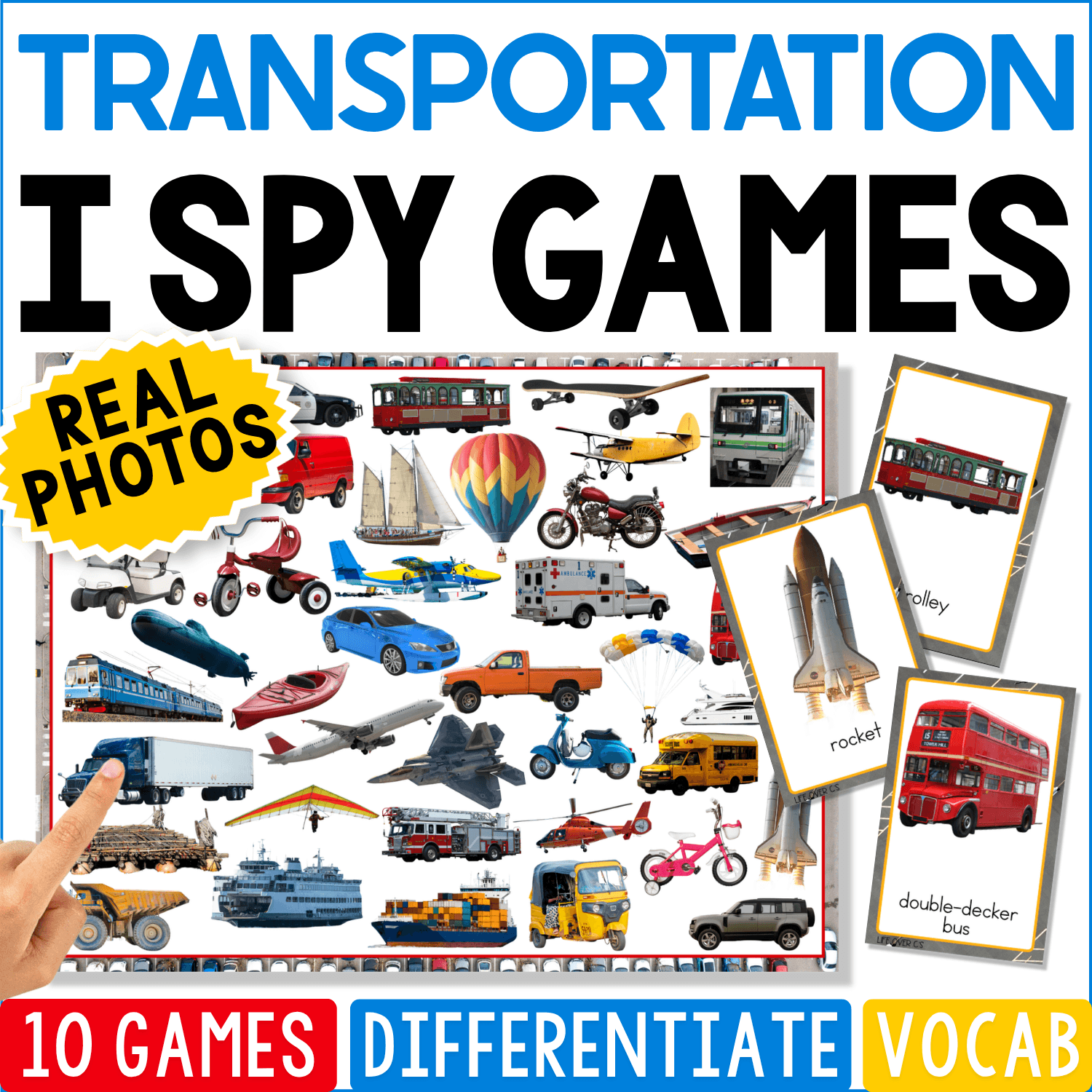 Transportation I Spy Games cover featuring real photos of cars, buses, trains, airplanes, trucks, and other vehicles for preschool vocabulary, vehicle recognition, matching, and visual discrimination.