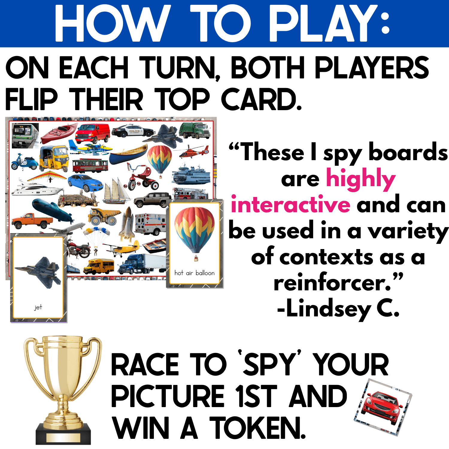 Transportation I Spy Flip Board Game directions showing both players flipping their top card and racing to find the matching real photo on the game board first to win a token. Example cards feature a jet and hot air balloon, supporting transportation vocabulary, visual scanning, attention, and rapid picture matching.