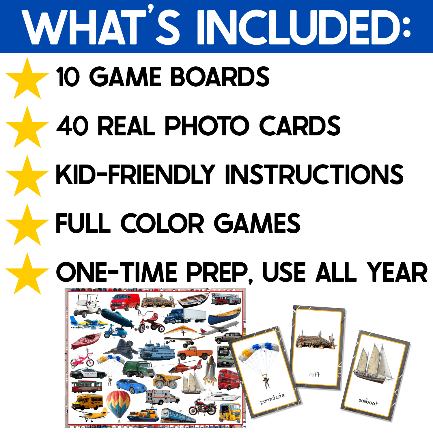 What’s included in the Real Life Transportation I Spy Board Game: 10 full-color game boards, 40 real photo transportation cards, kid-friendly instructions, and reusable printable game materials. Preview shows a busy transportation I Spy board with matching cards featuring a jet ski, helicopter, raft, and sailboat.