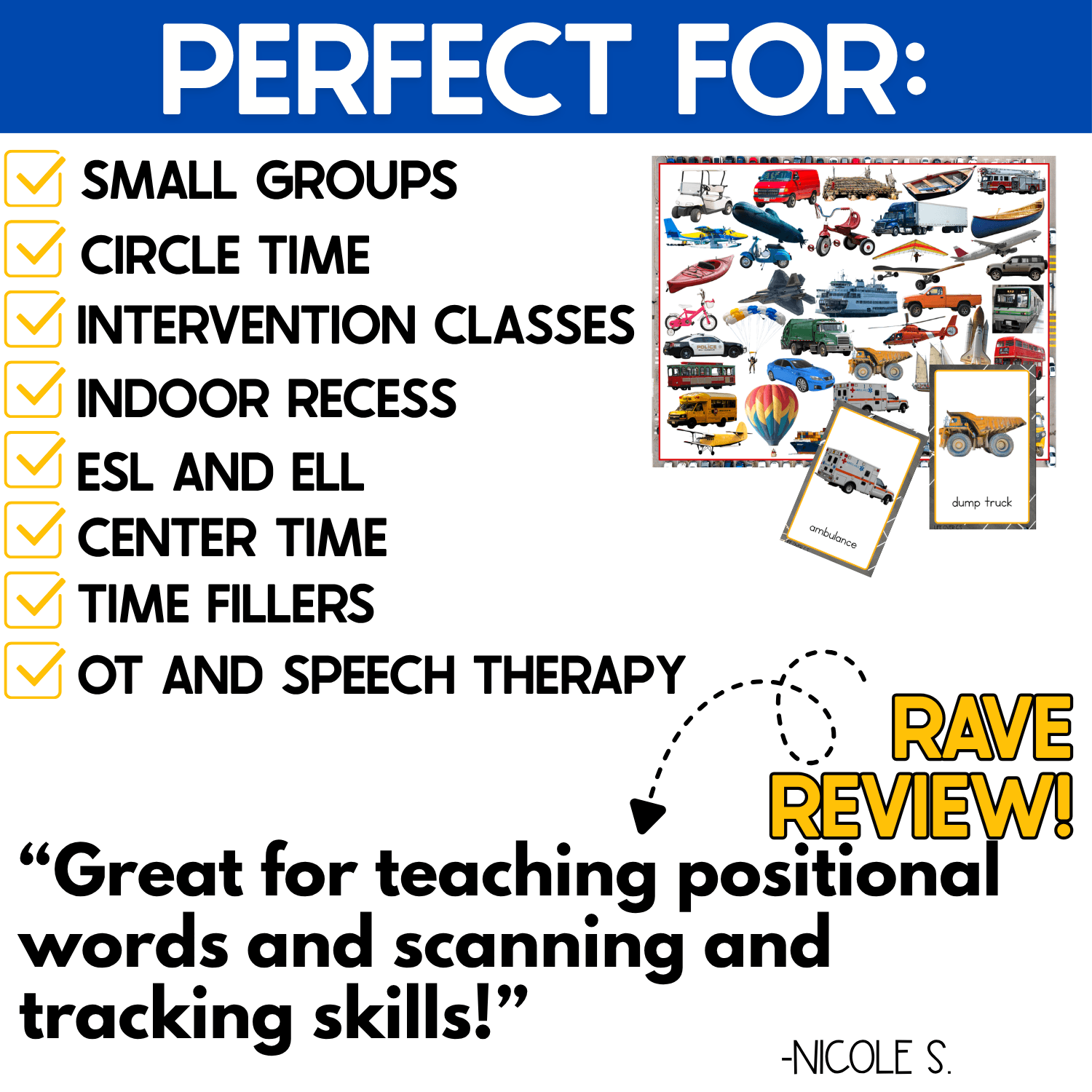 Transportation I Spy game displayed as a flexible activity for small groups, circle time, intervention classes, indoor recess, ESL and ELL, center time, time fillers, occupational therapy, and speech therapy. Real photo vehicles and transportation objects support positional vocabulary, visual scanning, tracking, and picture recognition.