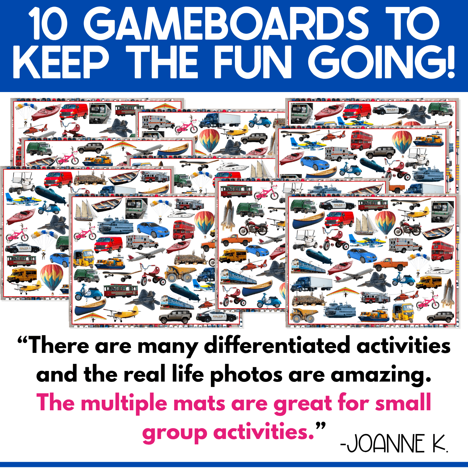 Ten different Transportation I Spy game boards packed with real photos of cars, trucks, trains, airplanes, boats, bicycles, construction vehicles, and other ways people travel. Teacher review highlights the multiple game boards, realistic photographs, differentiation possibilities, and small-group classroom use.