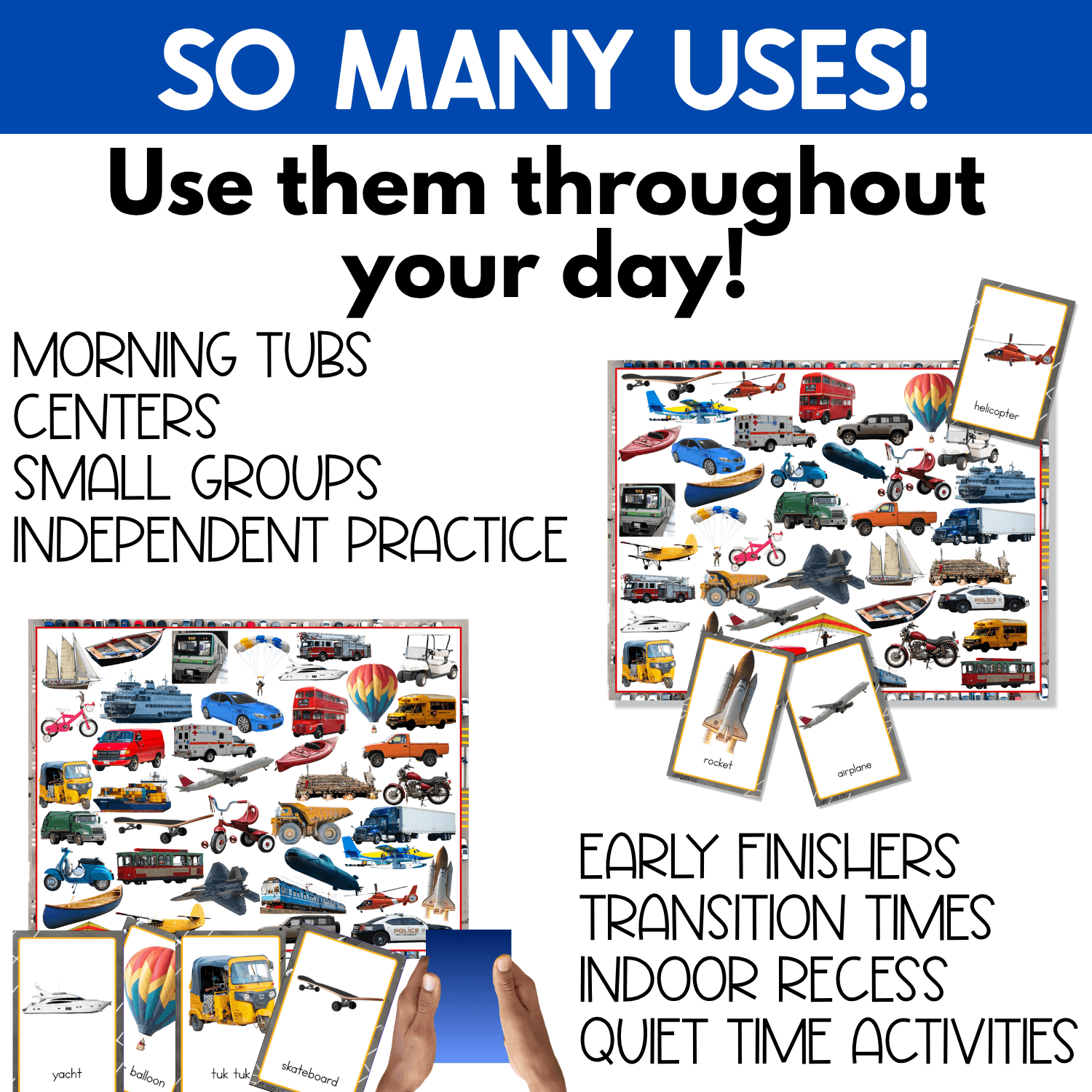 Transportation I Spy Board Game shown for use throughout the school day during morning tubs, centers, small groups, independent practice, early finishers, transition times, indoor recess, and quiet-time activities. Real photo vehicle cards and crowded transportation game boards provide repeated vocabulary, matching, and visual discrimination practice.