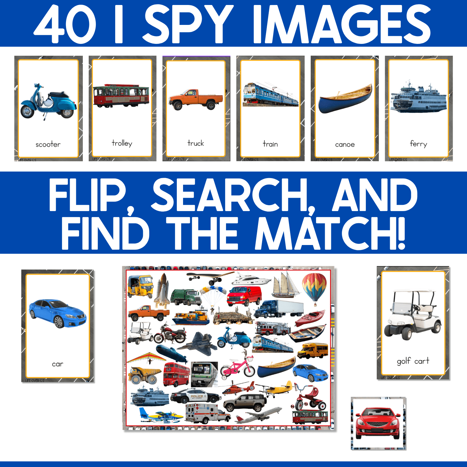 Transportation I Spy game featuring 40 real photo vocabulary images including a scooter, trolley, truck, train, canoe, ferry, car, and golf cart. Players flip a transportation picture card, visually search the crowded game board, and find the matching vehicle or mode of transportation.
