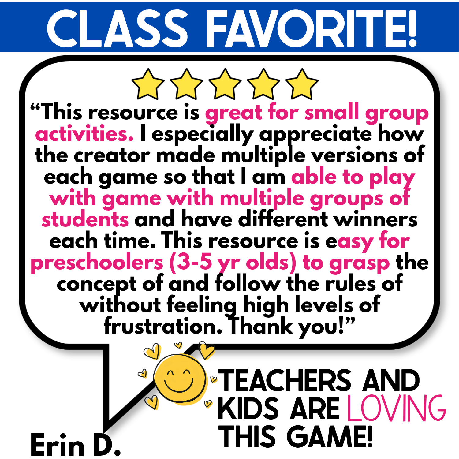 Five-star teacher review of the Transportation I Spy Board Game highlighting its use for preschool small groups, multiple versions of each game, and simple rules that young learners can follow. Real photo transportation images support preschool vocabulary, visual attention, matching, and repeated group play.