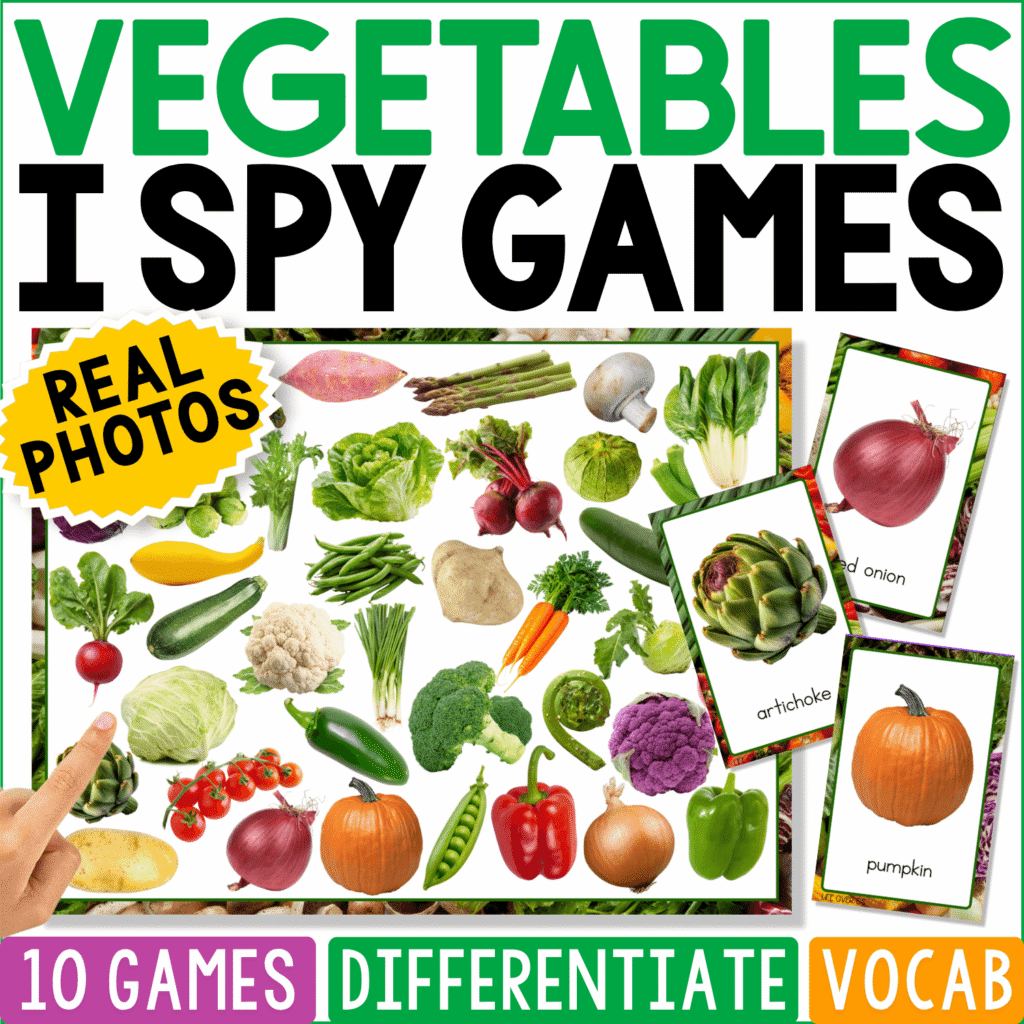 Vegetables I Spy Games cover featuring colorful real photos of broccoli, carrots, peppers, cauliflower, pumpkins, leafy greens, and matching cards for food vocabulary and visual discrimination.