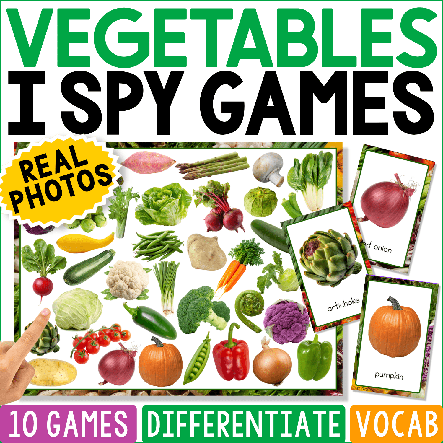 Vegetables I Spy Games cover featuring colorful real photos of broccoli, carrots, peppers, cauliflower, pumpkins, leafy greens, and matching cards for food vocabulary and visual discrimination.