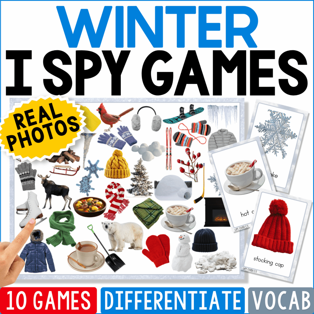 Winter I Spy Games cover featuring real photos of hats, mittens, coats, snowflakes, pinecones, hot drinks, and cold-weather objects for winter vocabulary, matching, and visual discrimination.