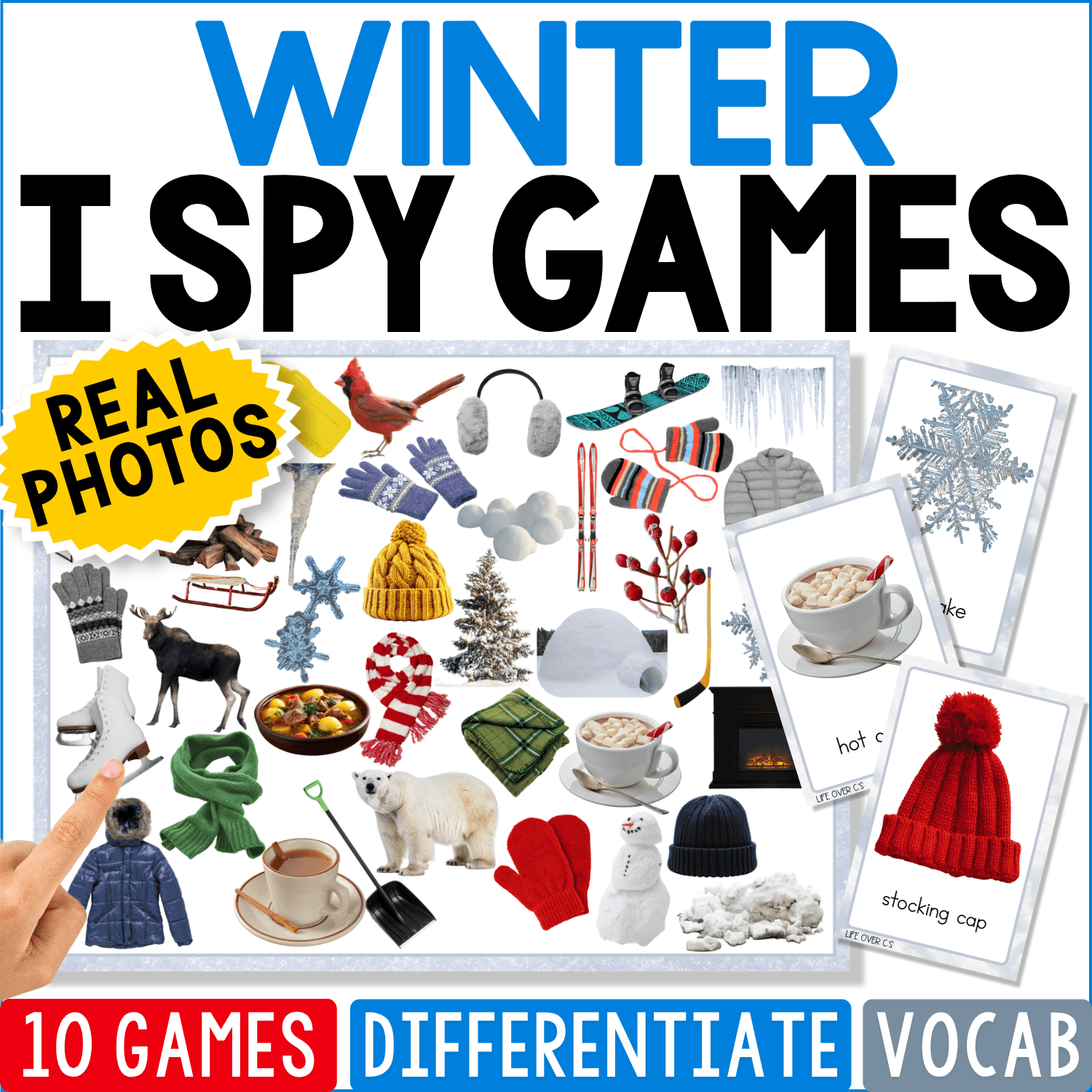 Winter I Spy Games cover featuring real photos of hats, mittens, coats, snowflakes, pinecones, hot drinks, and cold-weather objects for winter vocabulary, matching, and visual discrimination.
