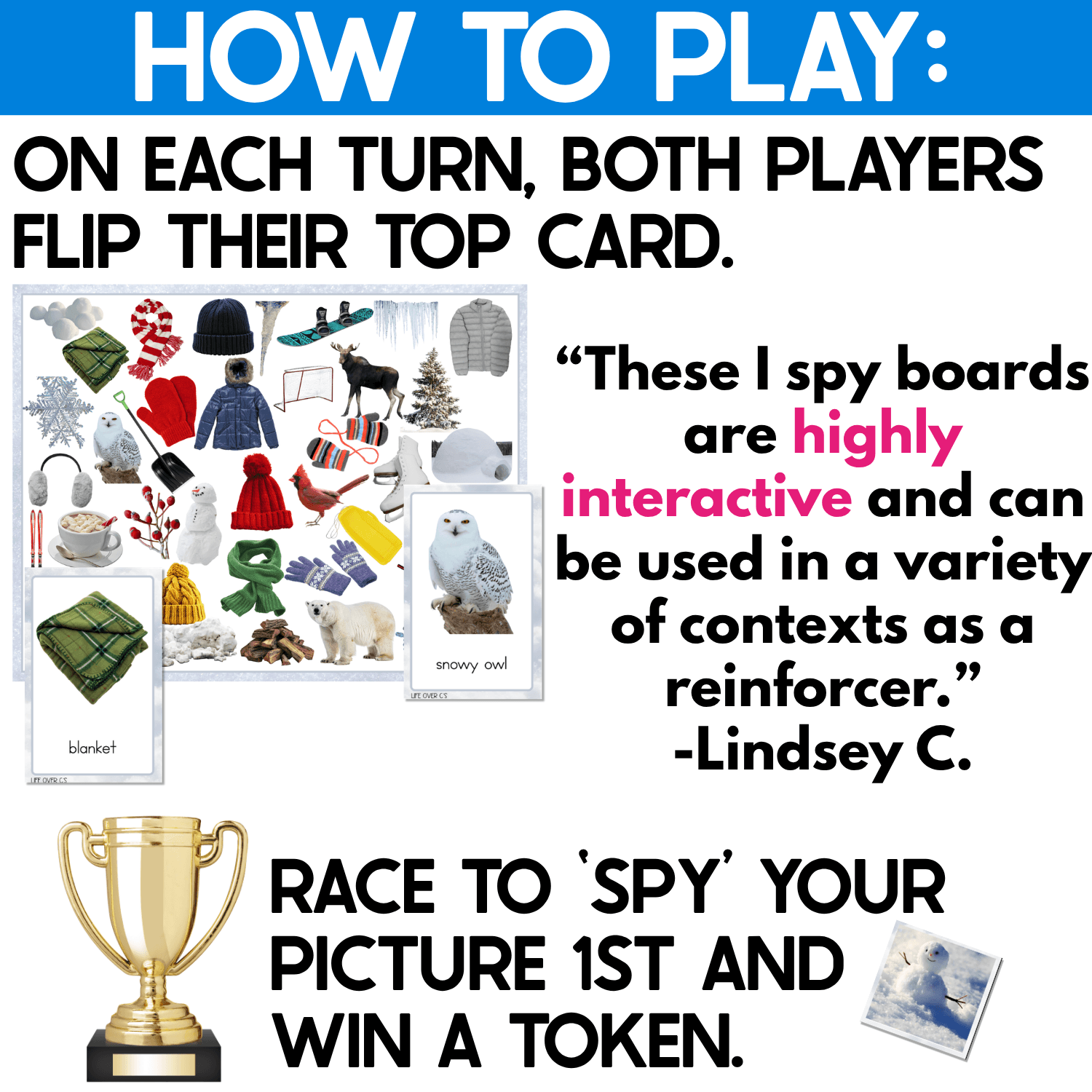 Winter I Spy Flip Board Game directions showing both players flipping the top card from their stacks, searching the real photo winter game board for the matching picture, and racing to spot the image first to win a token. Example cards feature winter vocabulary including a blanket and snowy owl, supporting visual discrimination, attention, and rapid picture matching.