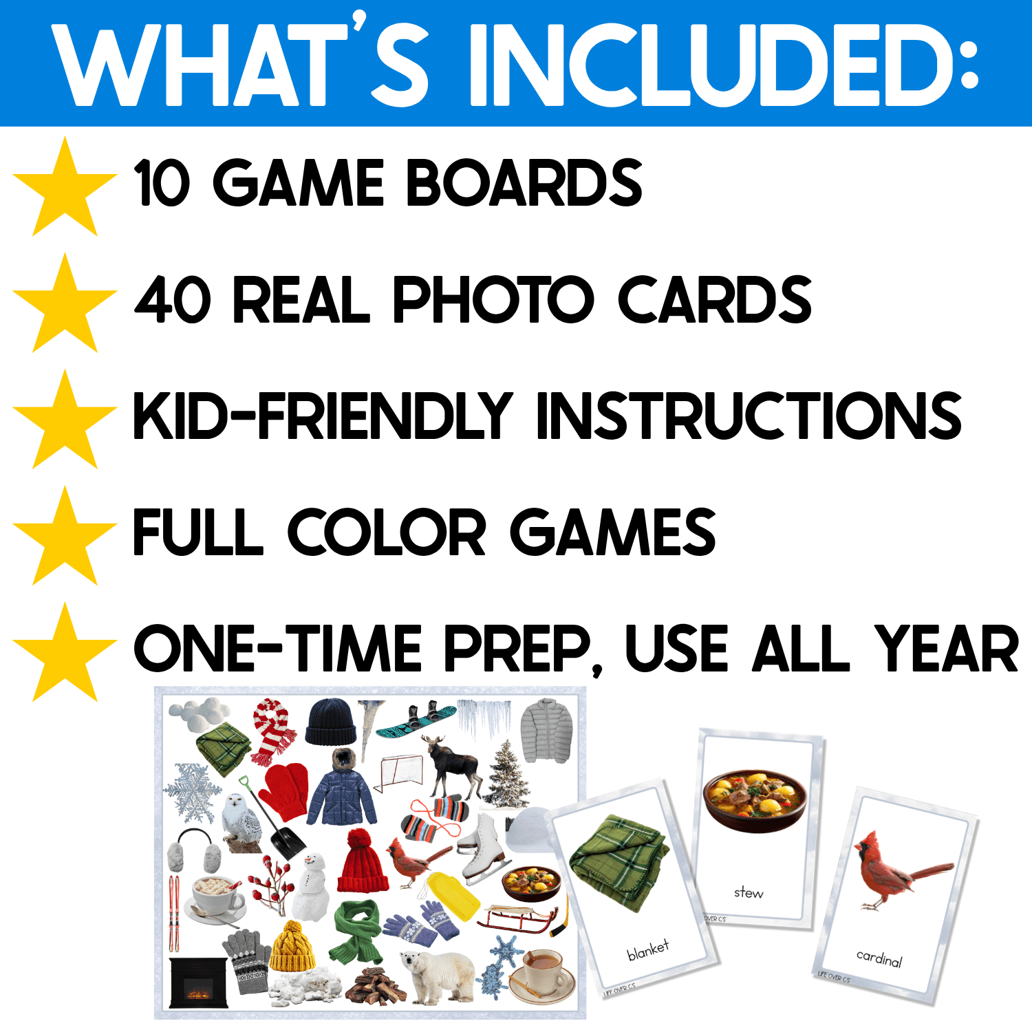 What’s included in the Winter I Spy Flip Board Game: 10 full-color I Spy game boards, 40 real photo winter vocabulary cards, kid-friendly game instructions, and reusable printable materials. Preview shows a winter game board with matching picture cards featuring familiar cold-weather objects such as soup, a cardinal, winter clothing, and outdoor winter items.