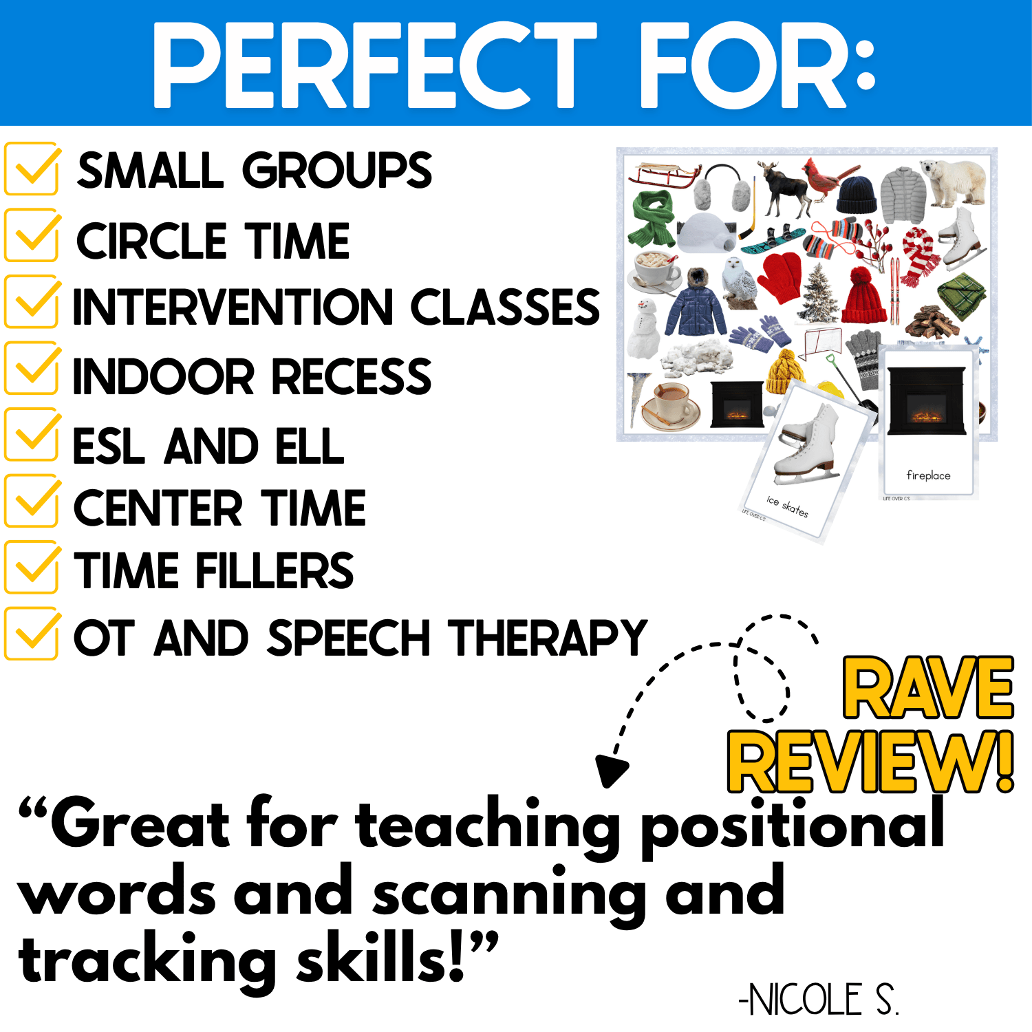 Winter I Spy real photo vocabulary game shown as a flexible preschool, kindergarten, special education, ESL, ELL, OT, and speech therapy activity. Suggested uses include small groups, circle time, intervention, centers, indoor recess, and time fillers, with a teacher review highlighting position words, visual scanning, and tracking skills.