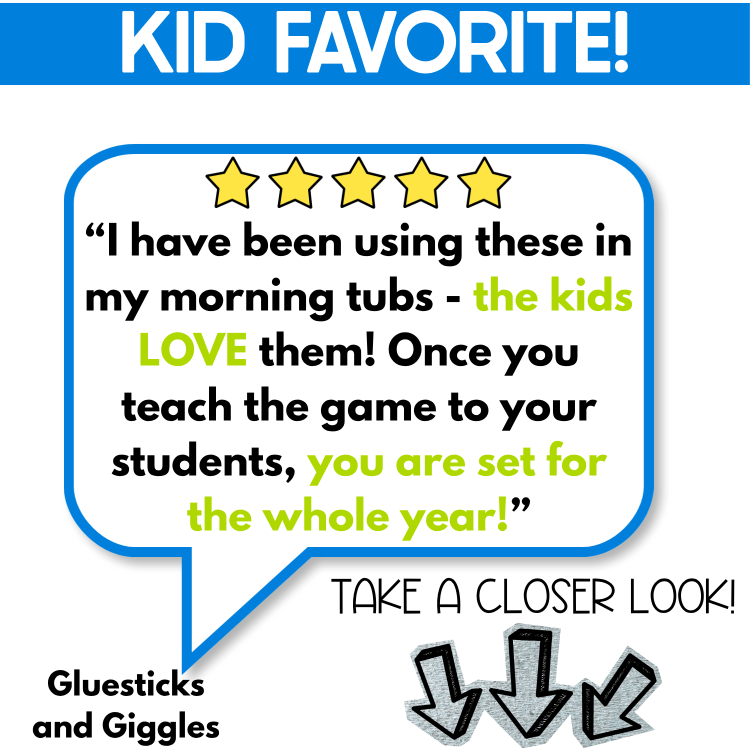 Five-star teacher review of the Winter I Spy Flip Board Game describing the real photo game as a kid favorite for morning tubs and repeated classroom play throughout the year. Review graphic emphasizes that students love the game once they learn the simple I Spy matching routine.