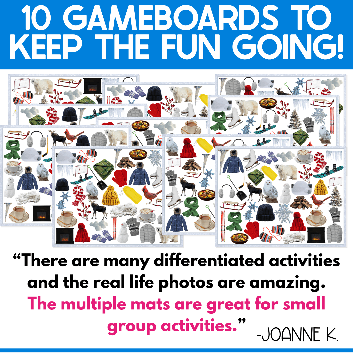 Ten different Winter I Spy game boards filled with real photos of familiar cold-weather objects, winter clothing, foods, animals, and seasonal items. A teacher review highlights the variety of differentiated activities, realistic pictures, and multiple ways to use the winter vocabulary game for small-group learning.