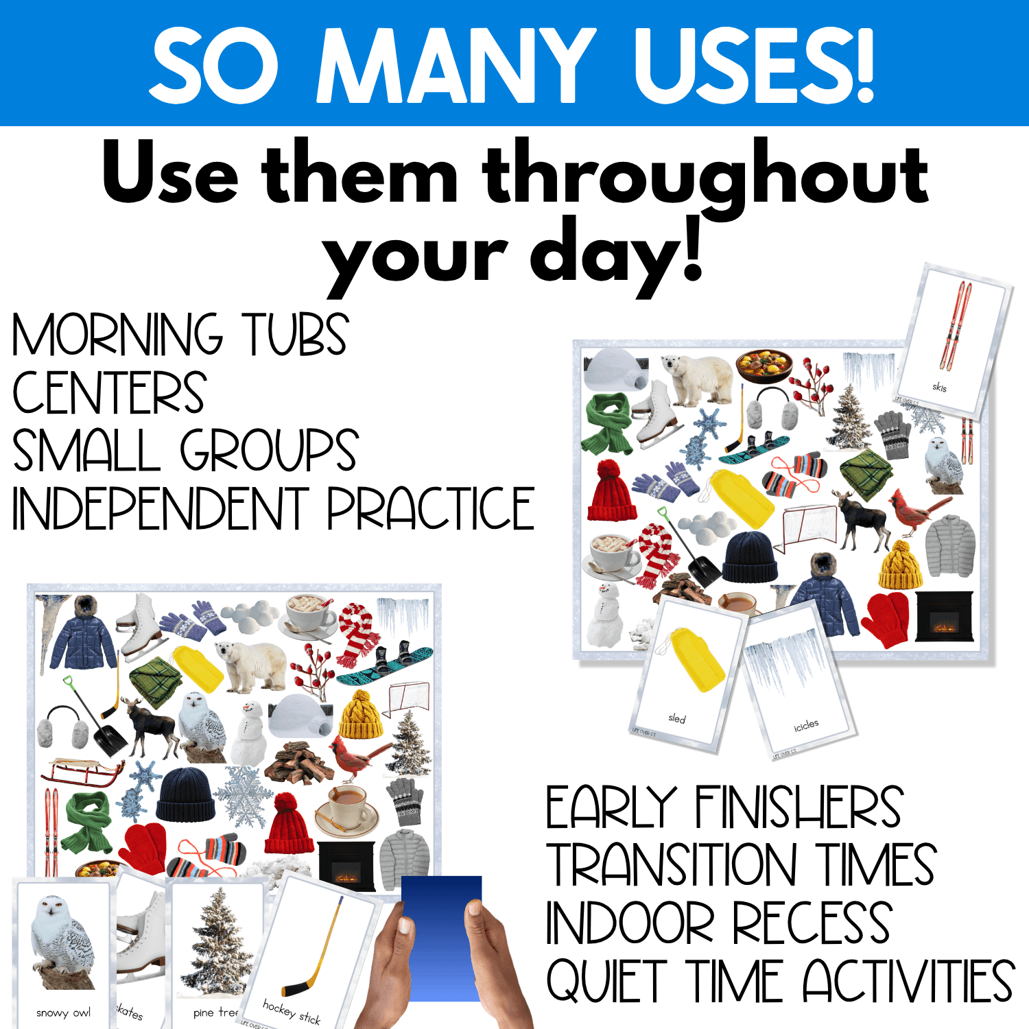 Winter I Spy board game shown for use throughout the school day during morning tubs, centers, small groups, independent practice, early finishers, transition times, indoor recess, and quiet-time activities. Real photo winter game boards and matching picture cards support vocabulary practice, visual discrimination, and independent searching.