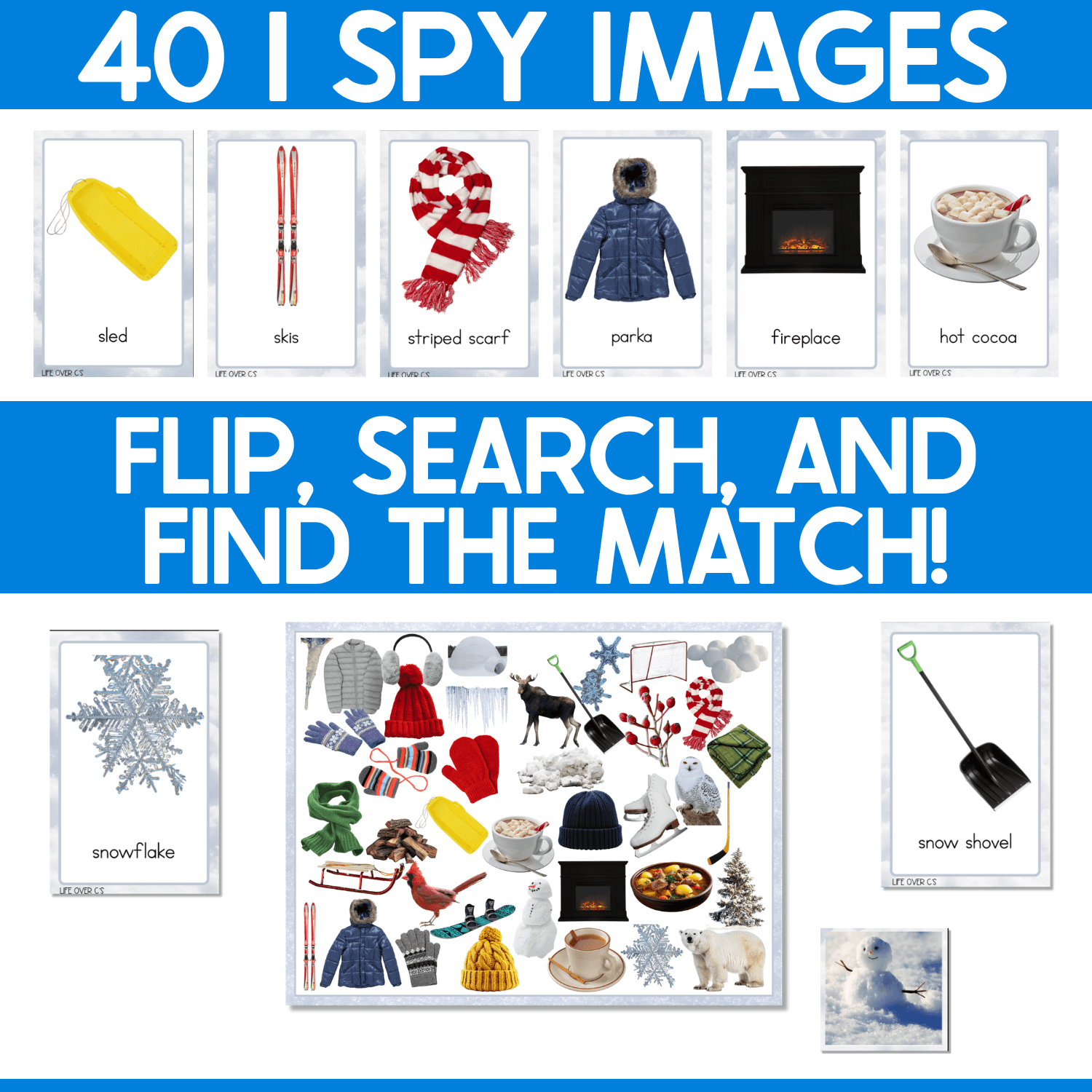 Winter I Spy game featuring 40 real photo vocabulary images including a sled, skis, striped scarf, parka, fireplace, hot cocoa, snowflake, and snow shovel. Players flip winter picture cards, visually search the crowded I Spy game board, and find the matching real-life image.