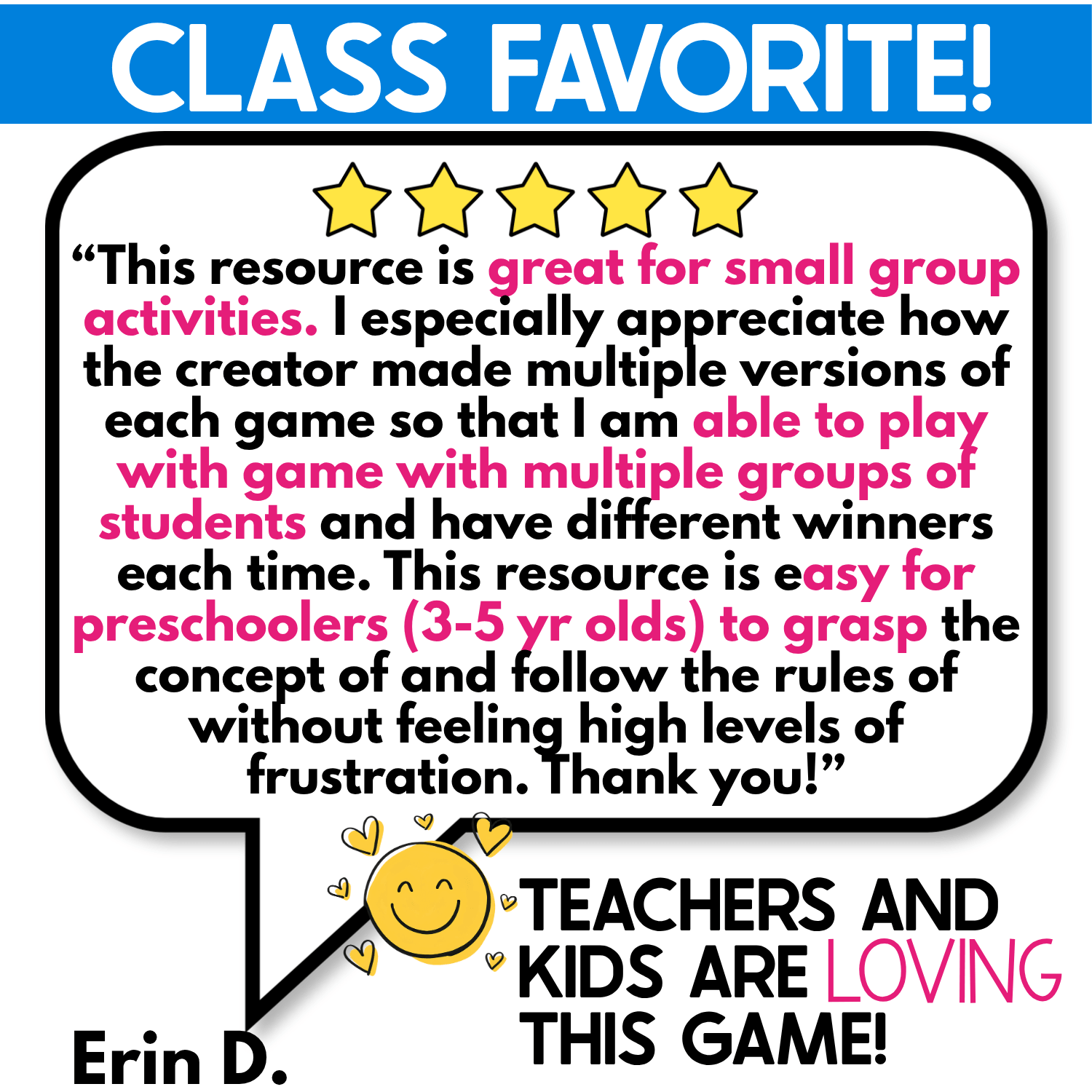 Five-star teacher review of the Winter I Spy Flip Board Game highlighting its use for preschool small groups, multiple game versions, and easy-to-understand rules for 3- to 5-year-olds. Review graphic emphasizes flexible group play and changing winners while practicing winter vocabulary, visual attention, and matching skills.