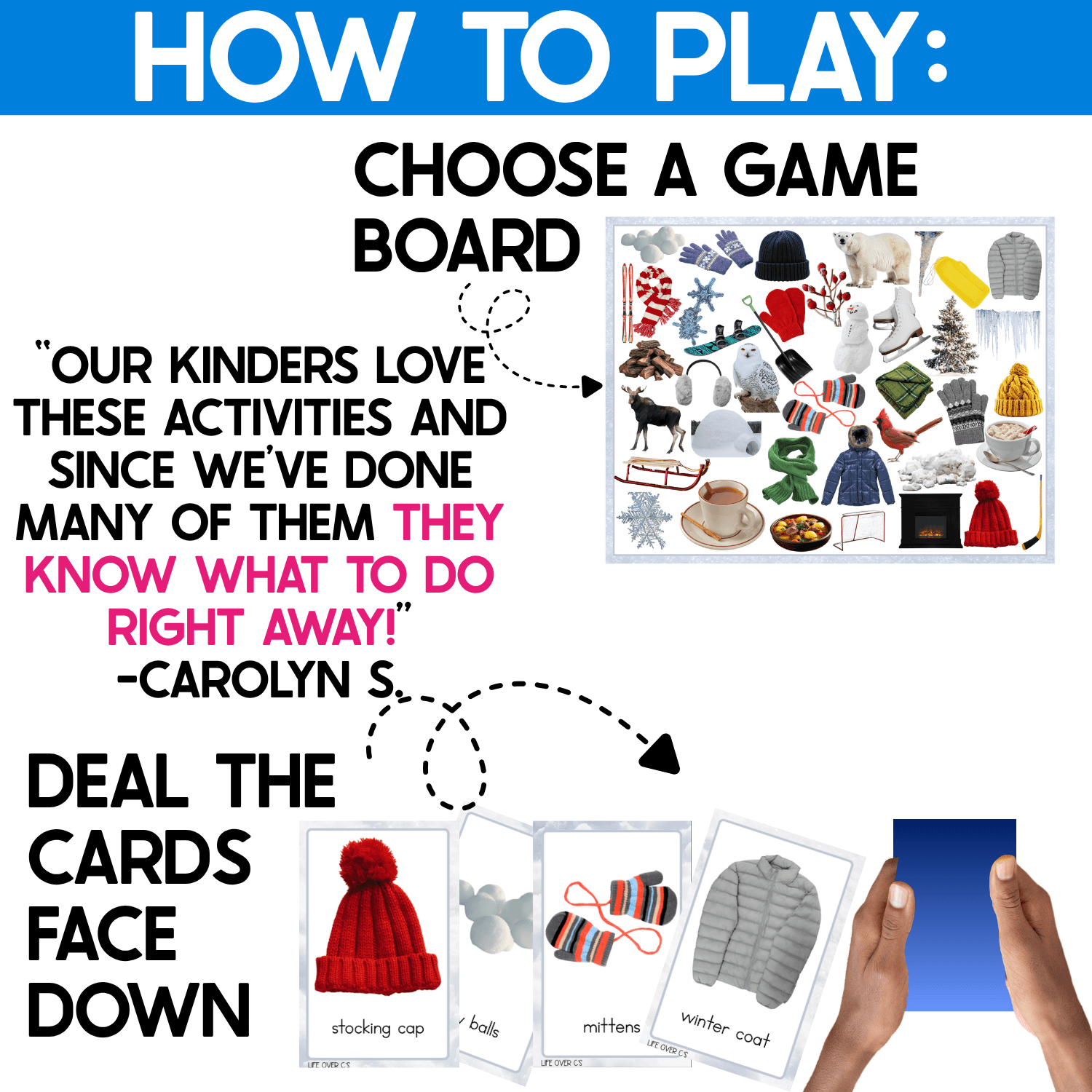 How to play the Winter I Spy Flip Board Game: choose a real photo winter game board and deal the picture cards face down between players. Preview shows cards featuring winter vocabulary such as a stocking cap, husky, mittens, and winter coat alongside a game board filled with familiar cold-weather objects.