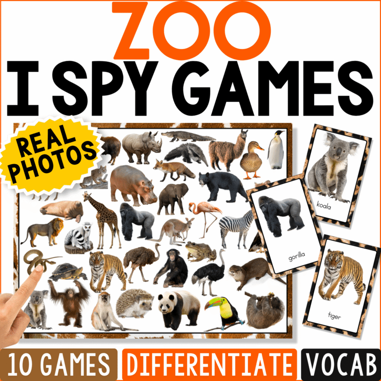 Zoo I Spy Games cover featuring real photos of elephants, lions, zebras, giraffes, pandas, penguins, and other zoo animals for animal vocabulary, matching, and visual discrimination.