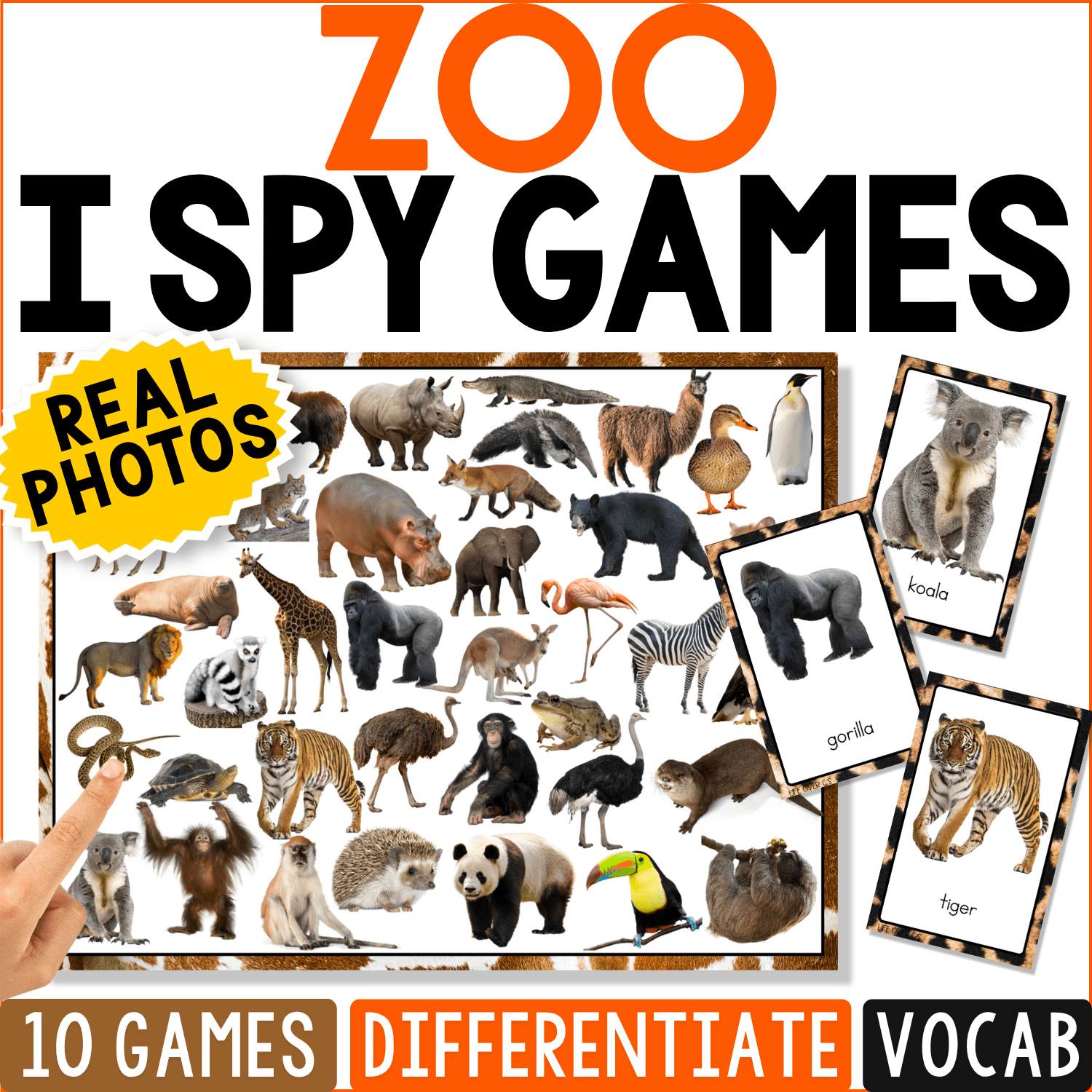 Zoo I Spy Games cover featuring real photos of elephants, lions, zebras, giraffes, pandas, penguins, and other zoo animals for animal vocabulary, matching, and visual discrimination.