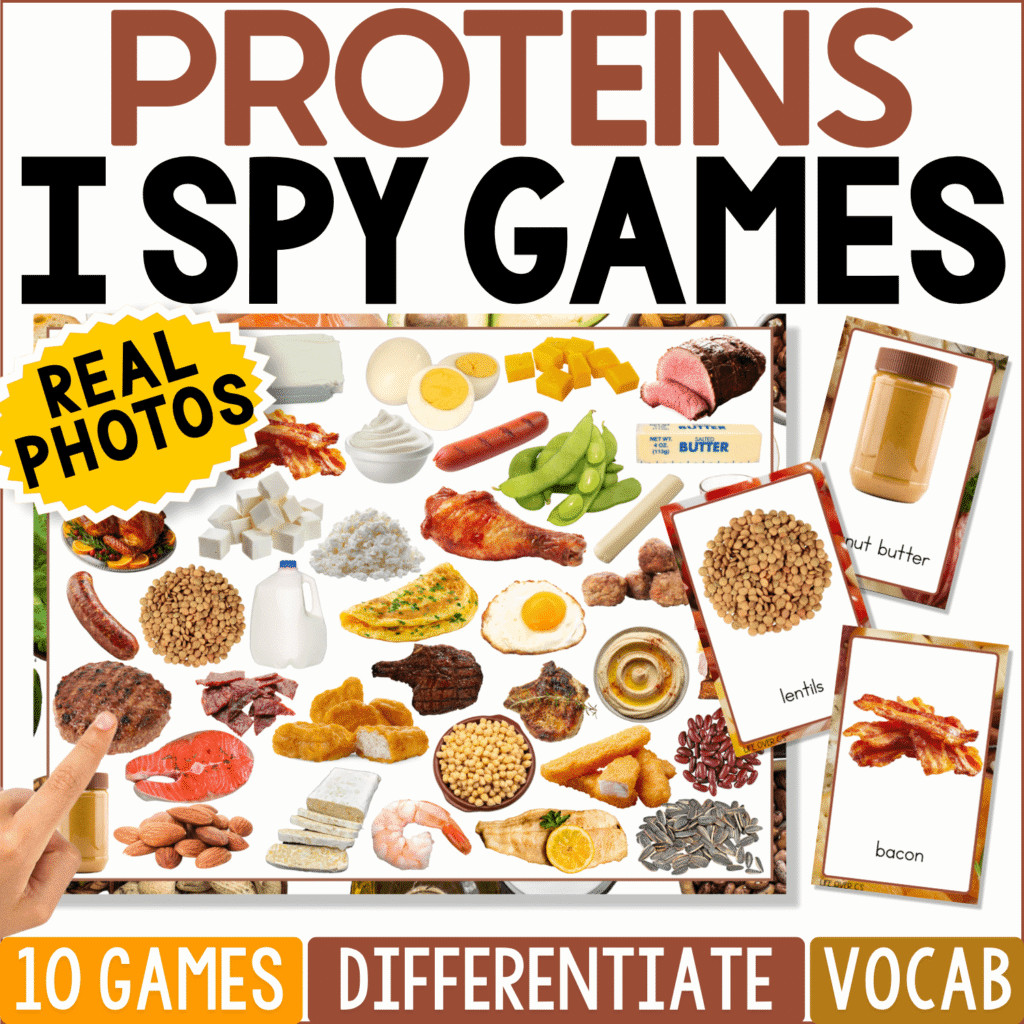 Protein I Spy Games with real photos of kid-friendly protein foods including eggs, cheese, beans, meat, nuts, fish, tofu, and yogurt. The printable vocabulary game includes 10 I Spy game boards for visual discrimination, matching, and food vocabulary practice.